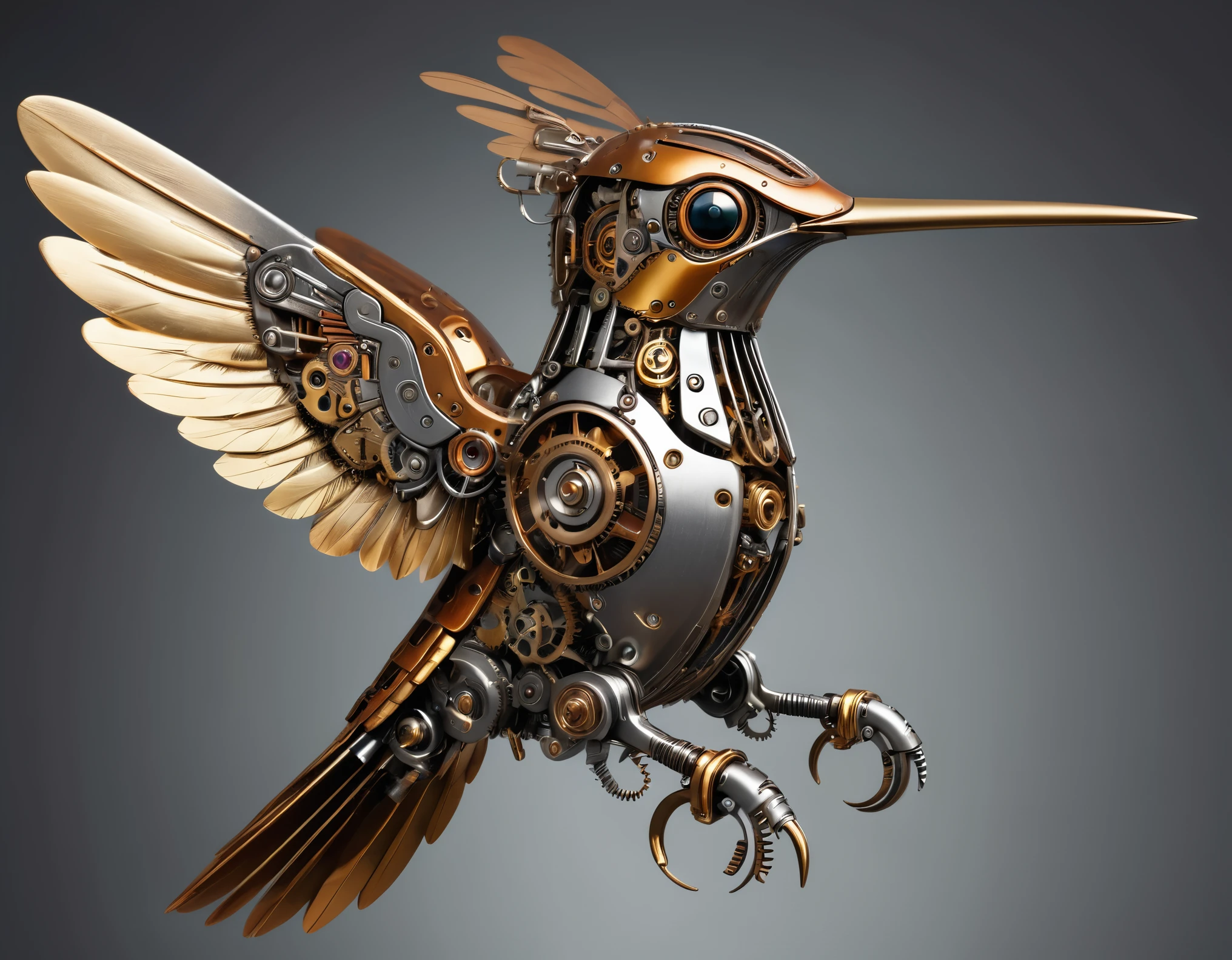 (best quality,ultra-detailed),(realistic:1.37), abstract, steampunk, mechanical steampunk hummingbird, made of silver and rusty and gold-plated metal, visible steampunk mechanical parts, dynamic composition, feather texture, glossy finish, full shot, imersive background