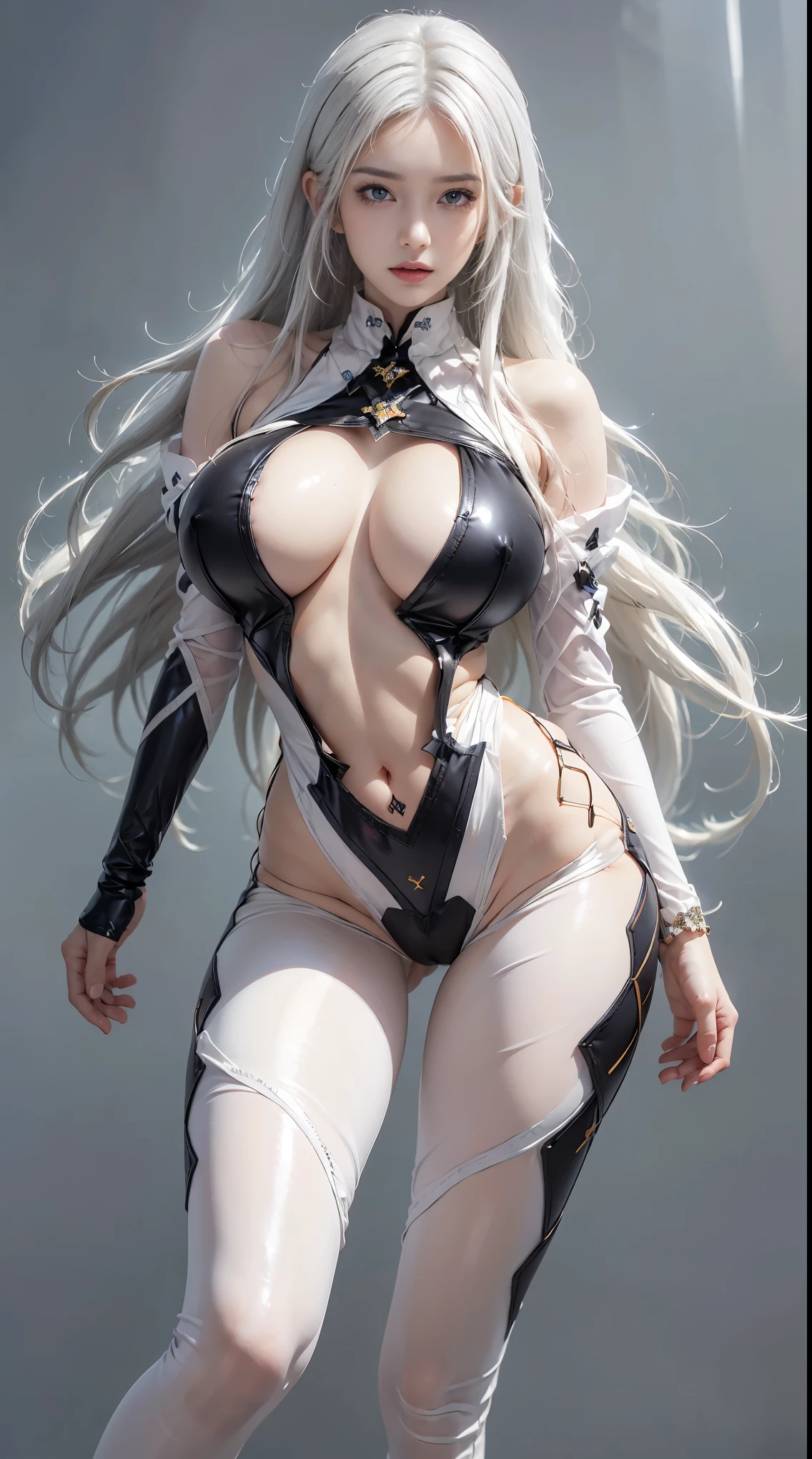 Photorealistic, high resolution, 1 woman, raised hips, beautiful eyes, long hair, dark circles, white hair, jewelry, Yui Takamura, bodysuit, (((young white woman))), ((best quality)), ((masterpiece)), (details: 1.4), 3D, A fantasy beautiful woman with pants Simon Bisley micro undergarment, fantasy style clothing, 2 piece clothing , long silver hair, arm tattoo, fantasy warrior, fantasy hands, pastels, Perfect Proportions, guild illustration, White balance, White background, rule of thirds, crysisnanosuit,loraeyes,i#39 ;no writing,tight pants,blue eyes, big breasts, high heels, black stockings, transparent top, exposed breasts, See-through thin transparent shirt, mesh shirt, see-through transparent shirt revealing nipples, high neck shoes, Bare shoulder, black leather gloves, feet visible, photo angle from bottom up, dirty foot pose