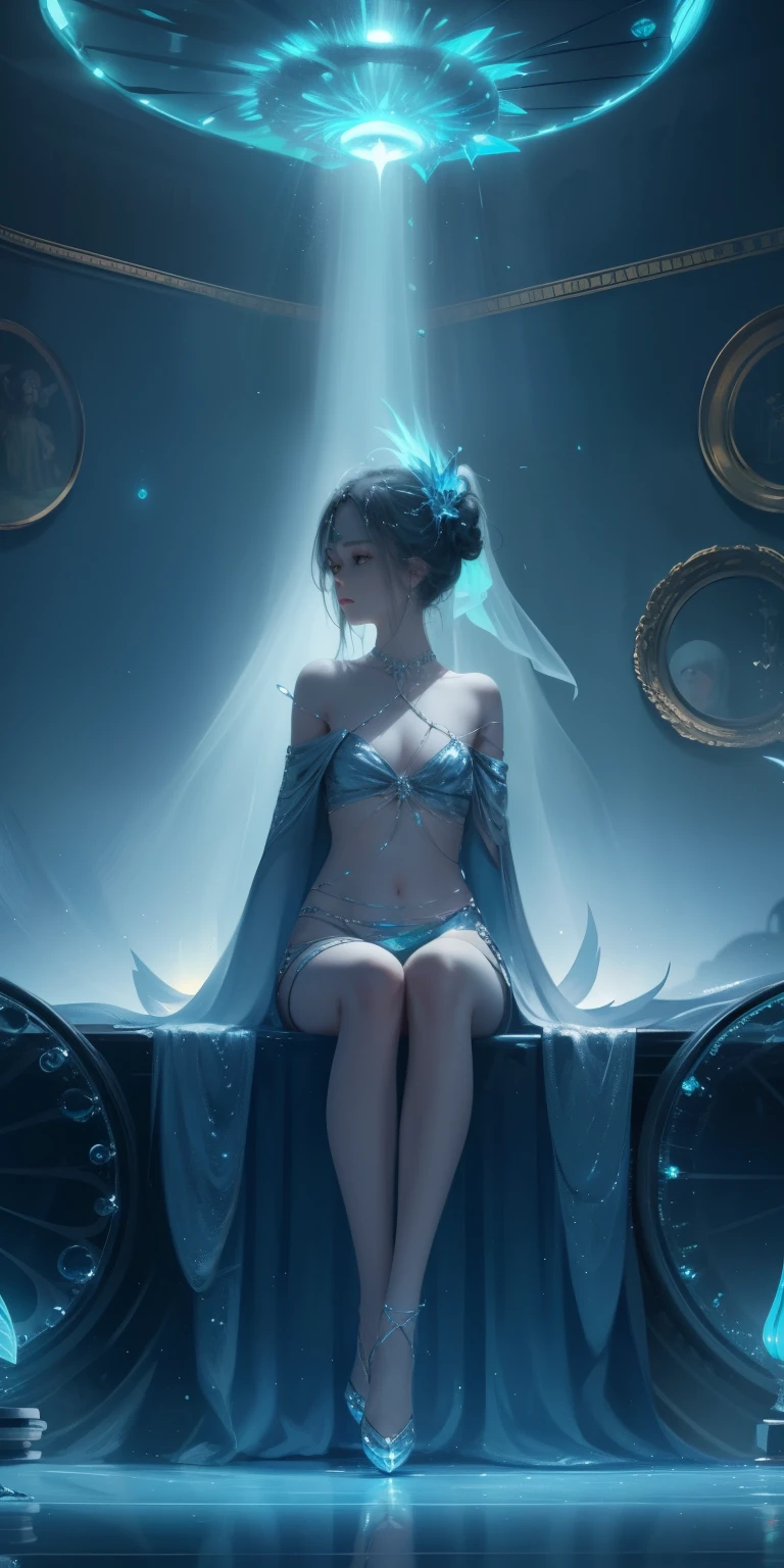 （（best quality））， （（masterpiece））， （（realist））， portrait，1 girl，（（（whole body）））， celestial body， god， 女god， light particles， halo， looking at the audience， 坚定的眼god， bare shoulders， thoracic duct parietal lobe， poker face，（bioluminescence：0.9 girls 5）ocean， bioluminescence， Energetic， rich and colorful，，，，， color， （bioluminescence， bioluminescence），（beautiful composition）， Cinema lights， wheels within wheels， （Symmetrical：0.5 girls）， whimsical，