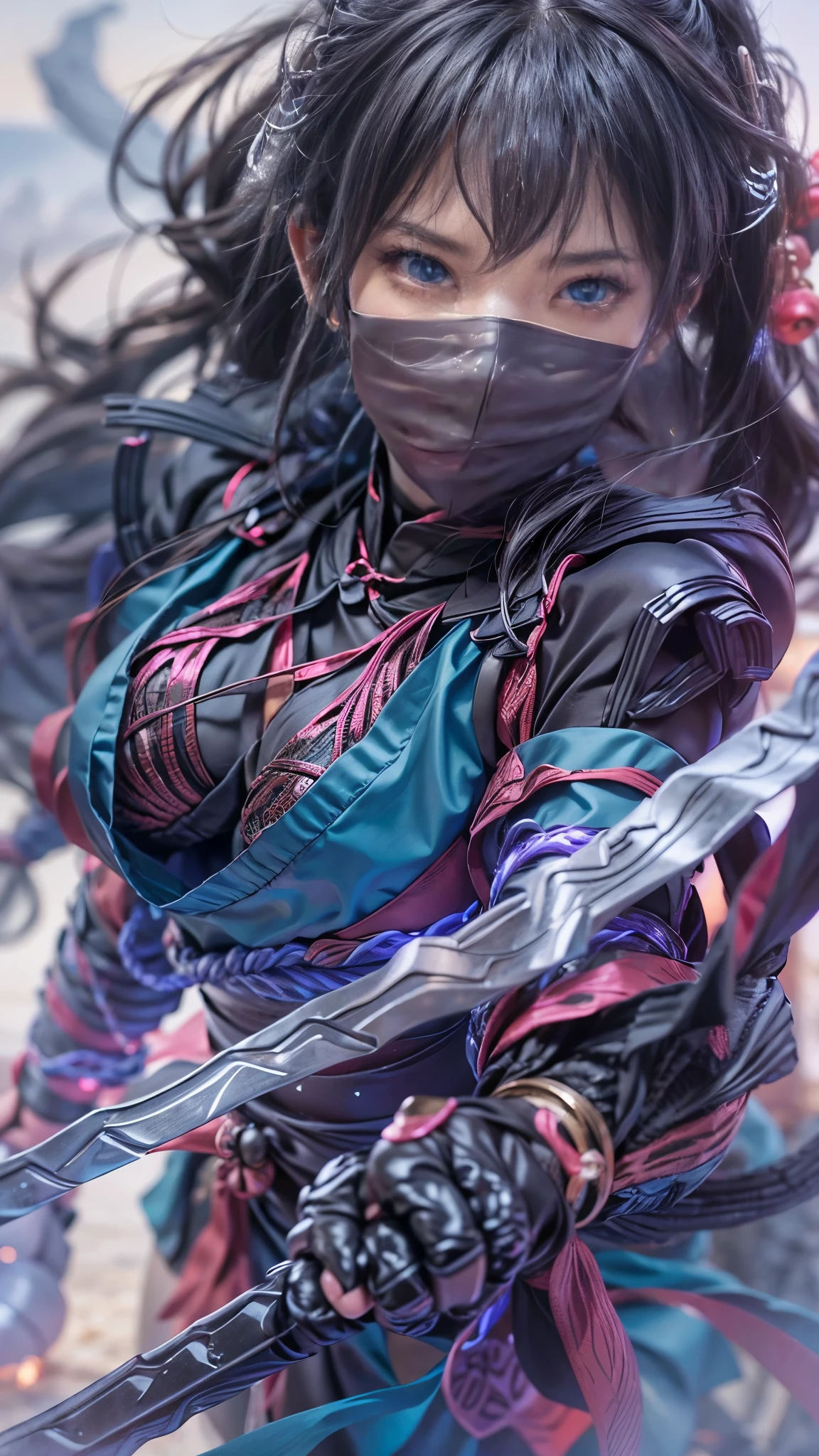 (RAW shooting, Photoreal:1.5, 8k, highest quality, masterpiece, ultra high resolution), perfect dynamic composition:1.2, midnight, Fight:1.2, Sengoku, fire事, いたるところで燃え上がる戦fire:1.3, Highly detailed skin and facial textures:1.2, Slim female ninja with a sharp dagger:1.3, beautiful and aesthetic:1.2, sexy beauty, perfect style, wear elaborate rings, fire, water, Wind, thunder, ice, Fair skin, very beautiful face, (Medium chest, Chest gap), (embarrassing smile, The expression on your face when you feel intense caress, Facial expression when feeling pleasure), (wearing a sexy ninja costume:1.2, off shoulder:1.1), (beautiful blue eyes, Eyes that feel beautiful eros:0.8), (Too erotic:0.9, Bewitching:0.9), full body shot
