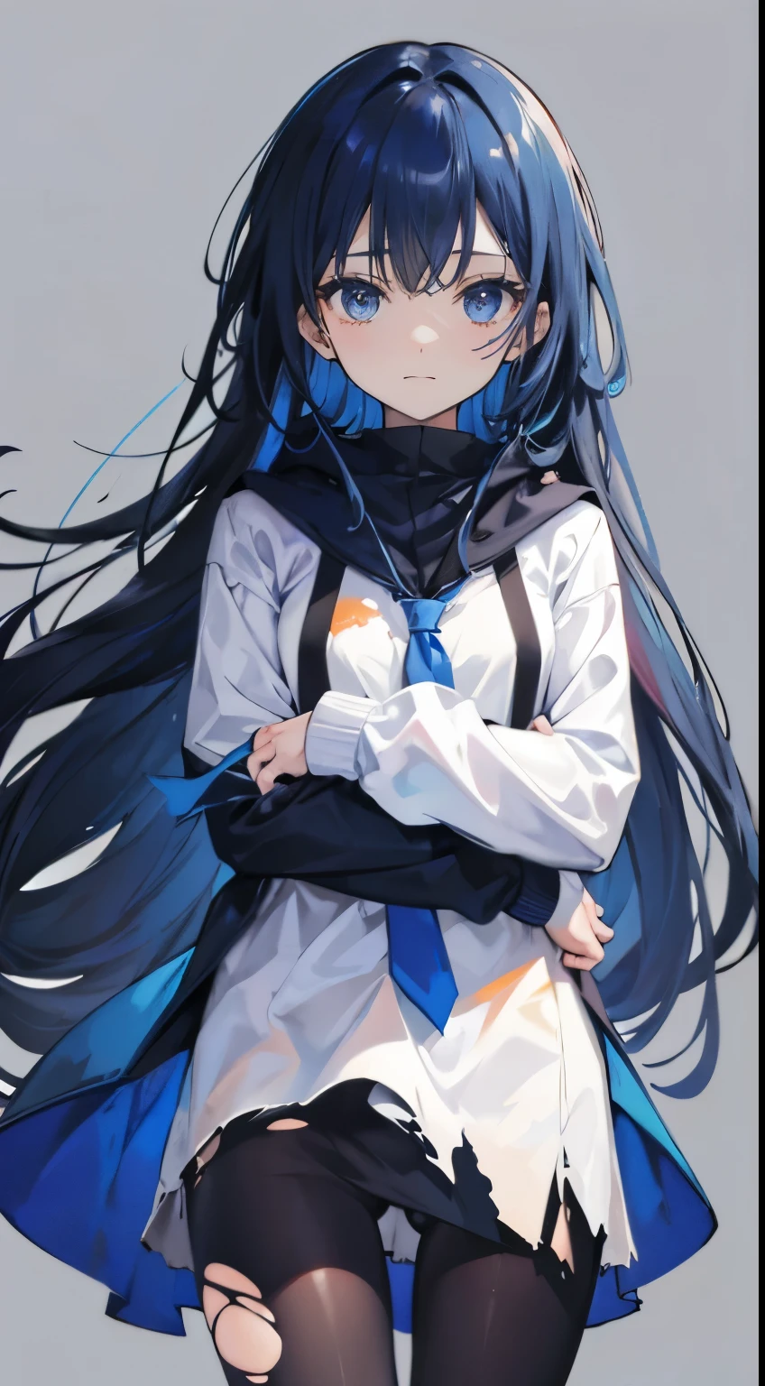 no background,girl,torn clothes,tights,dark blue long hair,blue eyes