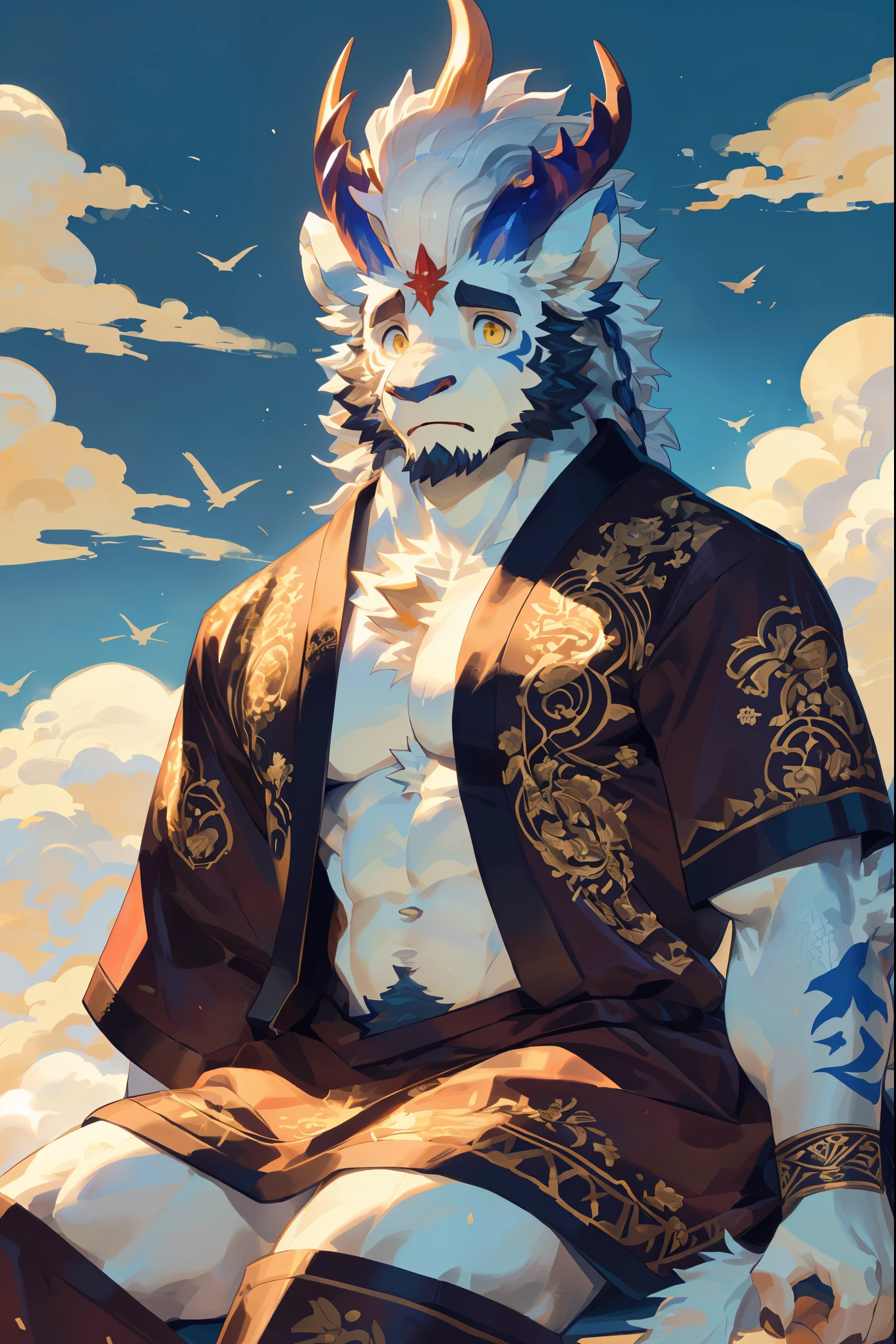 (Kirin:1.5),(Ancient ornate embroidered red robe:1.5),32k high quality detailed art,(Kirin:1.1), (((white fur:1.6))),(gold white two tone),(Gold and blue different color eyes:1.2),(muscular body:1.2),Handsome,(OK),(perfect face),(Lazy:1.1),(golden and white skin:1.6),(Sky blank cloud background),(Half body特写:1.5),Publaz, (Kirin:1.1), (((white fur:1.5))),Handsome, (OK),Express,(sky background),(Surprised and confused eyes:1.3),(Kirin tail),不同的Express,(perfect masterpiece),(16k),(abdominal muscles:1.3),(((middle aged:1.4))),(36 years old),alone,(Golden sideburns:1.2),(Golden-bearded:1.3),(black chin:1.3),(black and white face:1),(Very rich facial details:1.3),(Strong),Half body,(front view),(cg),(HD),(Sit on the clouds:1.4),(Suspicious look:1.4),(White lines:1.2),(scales:1.3),(white ears:1.4)