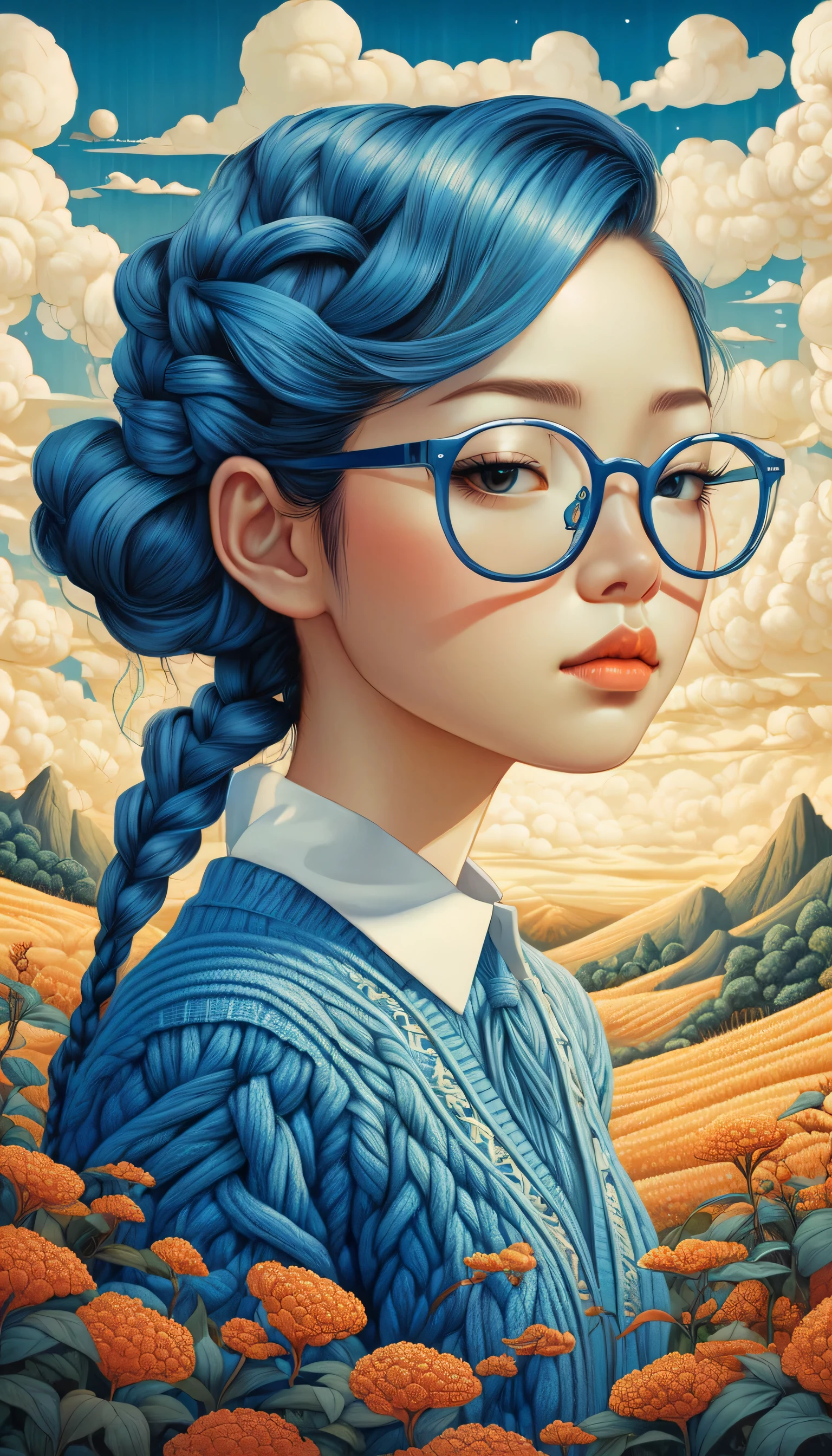 Magic mysterious fantastic landscape surreal braid hairstyle girl ,blue sweater、white collar、I wear round glasses、Are crying、 Super detailed, James R.. ，draw beautiful digital illustrations， Written by Audrey Kawasaki, Written by Amy Sole, author：Naoto Hattori，Yayoi Kusama, ghibli studio，No Borders、detailed description、surrealism、masterpiece