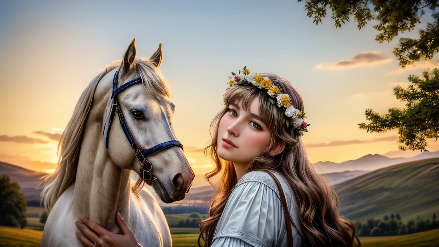 A woman with a flower crown on her head stands next to a white horse., BoJack Rider in real life, hrushevka on background, based on Arthur Hughes, In the style of Hans Thom, Horse in the background, horse-driven, inspired by William-Adolphe Bouguereau, based on Joachim Patinir, on horses