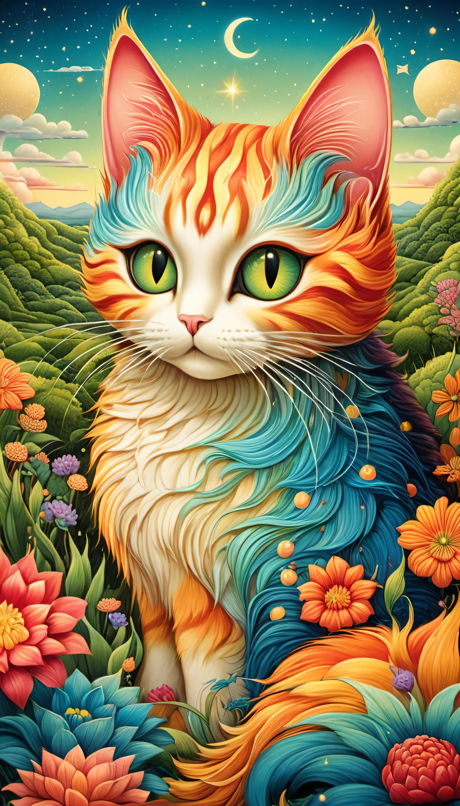 Magic mysterious fantastic landscape surreal cat ,Colorful fur、Fantasy Cat、 Super detailed, James R.. ，draw beautiful digital illustrations， Written by Audrey Kawasaki, Written by Amy Sole, author：Naoto Hattori，Yayoi Kusama, ghibli studio，No Borders、detailed description、surrealism、masterpiece