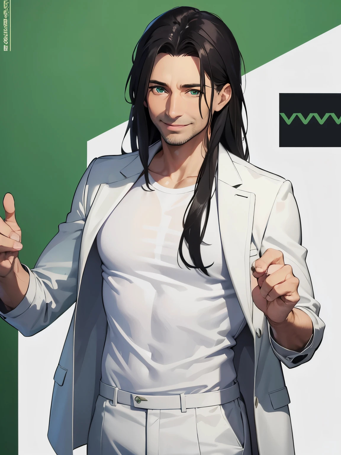 Male, 40 years old, long hair, black hair, green eyes, white trousers, white t-shirt, green jacket, smile