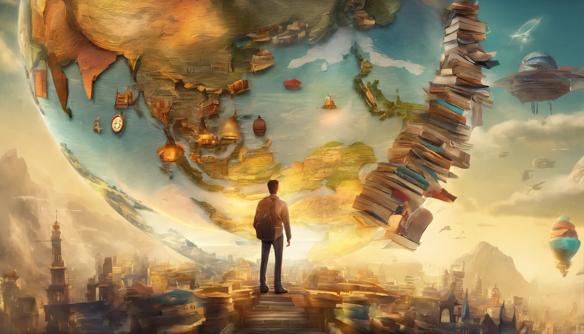 a hyper realistic photo of a leader in educational world, knowledge, books, globe, standing (on top) of big globe ((globe south east asian maps)), a montage of education element as background ((fantasy library)), High tech background. Extreme details. Hyper realistic, 8K, fantasy art.
