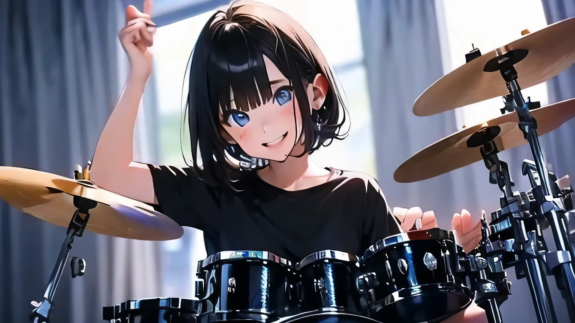 highest quality, masterpiece, woman1名, (((alone))), anime, film portrait photography, woman, (((beat the drum))), blue eyes, black hair, short bob hair, wearing a black T-shirt, anime, Moe art style, 8k,