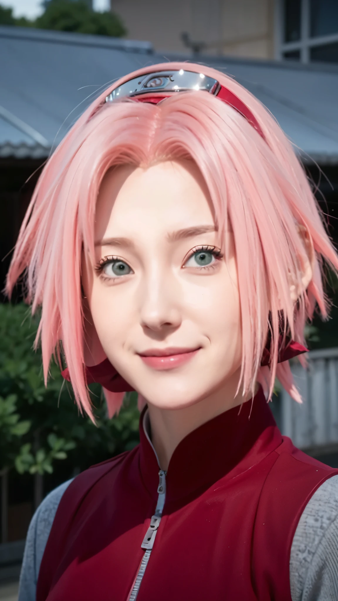 1female, haruno sakura in anime naruto shippuden, short hair , pink hair, green eyes, smile, beautiful, red clothes, realistic clothes, detail clothes, city background, ultra detail, realistic