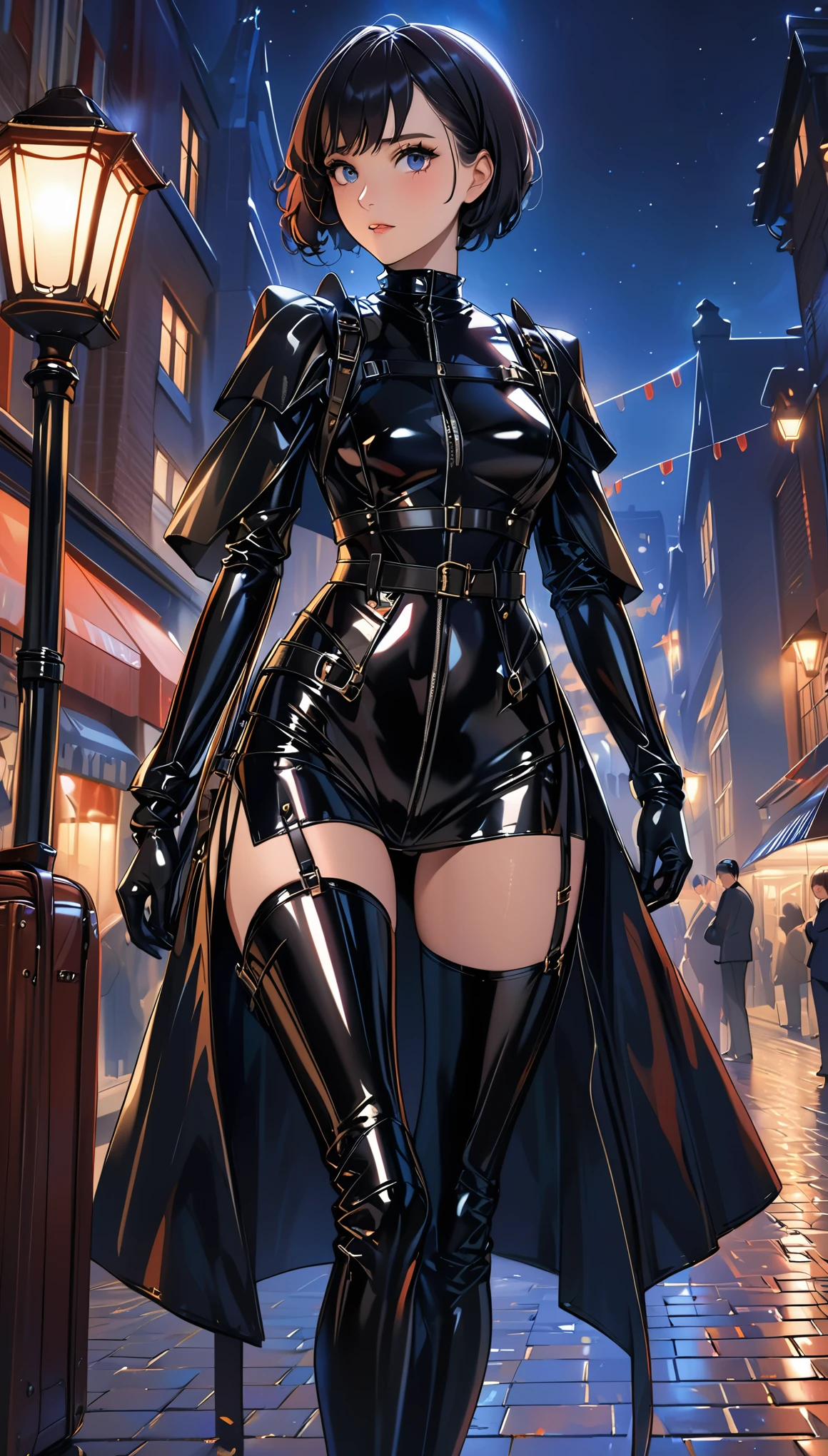 Very detailed, Very sharp, best quality, woman, Sophie Thatcher's face, Black Knight latex set, Tall and thin body, harness, night, night street, lamp, very short black hairstyle, dark makeup, pauldron, leather case,