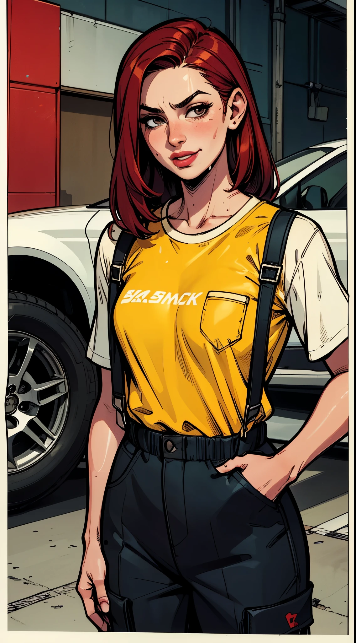 (detailed), beautiful woman, dark red hair, pale skin, wearing loose [black:dark blue:0.5] baggy racing cargo pants full [jumpsuit|overalls], (baggy loose untucked tshirt), branded yokohama logo clothes, racing neck brace, oily sweaty grimy skin, threadbare scuffed clothes, smirk, lips parted, detailed wet hair, (racing harness), dirty, car mechanic, garage, ((high detailed skin, skin details)), detailed cloth folds, detailed cluttered busy small run down garage background, indoors, hand in pocket, 8k uhd, dslr, high quality, film grain, (intricate linework:1) outlines, professional comic book style flat colors