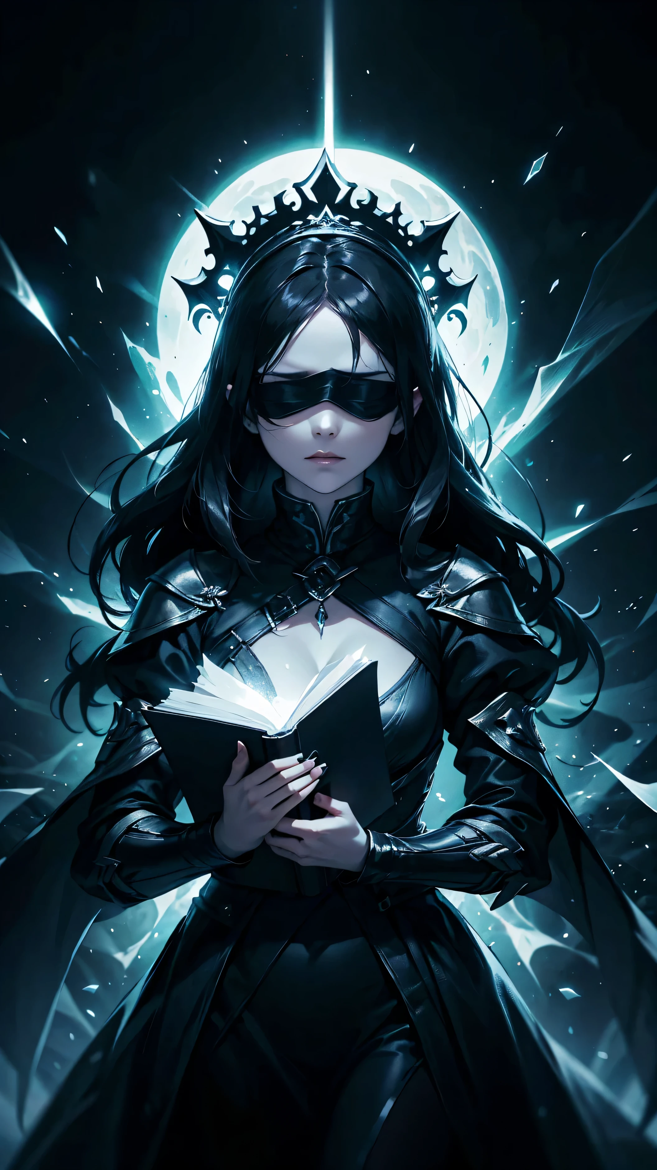 The woman poses ascetic, Holding a black book, reading a black book, has a thousand hands, bright white eyes, wears a blindfold, has a thronHD lighting and dark )<=(epic image quality)dark atmosphere with bright particle light(many effects in background