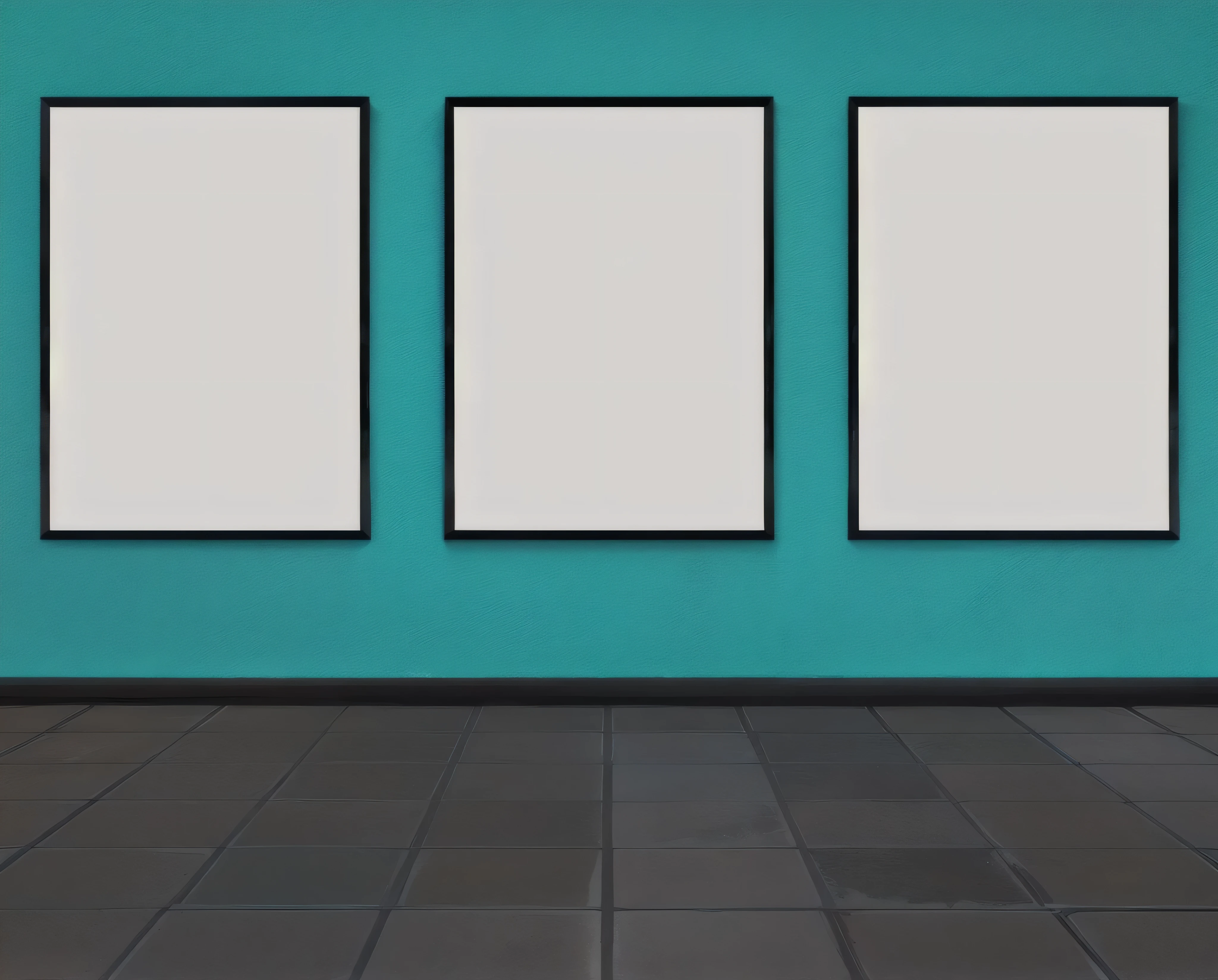 three empty frames on a wall in a room with a tiled floor, posters on the wall, inside a frame on a tiled wall, posters on the walls, movie poster with no text, teal studio backdrop, museum background, poster background, poster style, displayed on the walls, poster art style, background is a low light museum, poster composition, isolated background