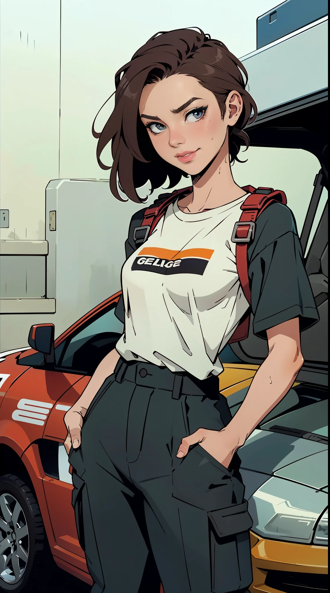 (detailed), beautiful woman, dark red hair, pale skin, wearing loose [black:dark blue:0.5] baggy racing cargo pants full [jumpsuit|overalls], (baggy loose untucked tshirt), branded yokohama logo clothes, racing neck brace, oily sweaty grimy skin, threadbare scuffed clothes, smirk, lips parted, detailed wet hair, (racing harness), dirty, car mechanic, garage, ((high detailed skin, skin details)), detailed cloth folds, detailed cluttered busy small run down garage background, indoors, hand in pocket, 8k uhd, dslr, high quality, film grain, (intricate linework:1) outlines, professional comic book style flat colors