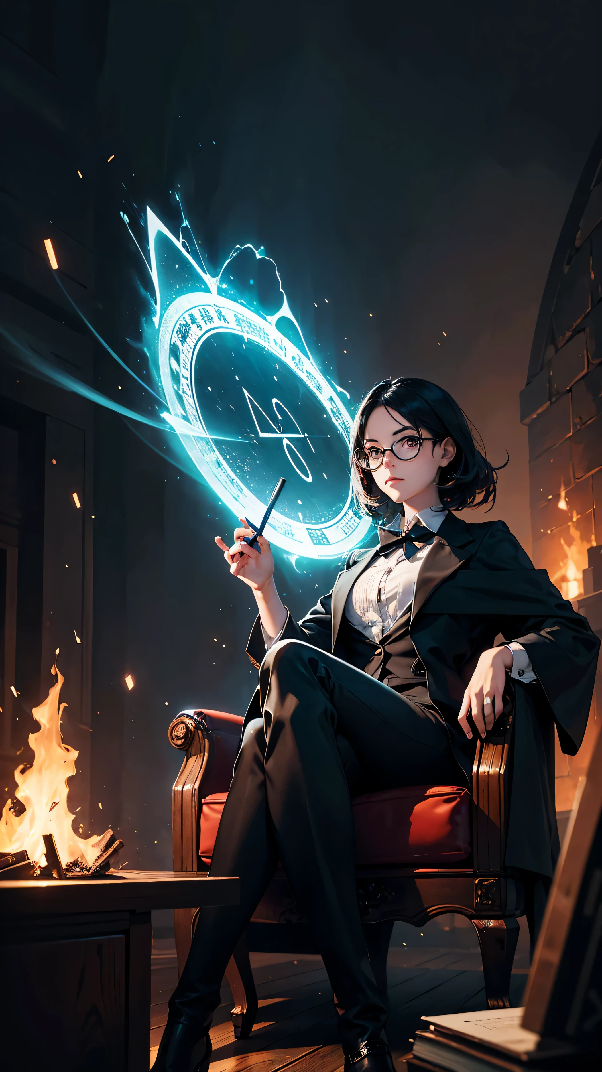 woman, sitting on a book, mathematical formulas, one pair of glasses, holding a fire rule, HD lighting and dark )<=(epic image quality)dark atmosphere with bright particle light(many effects in background