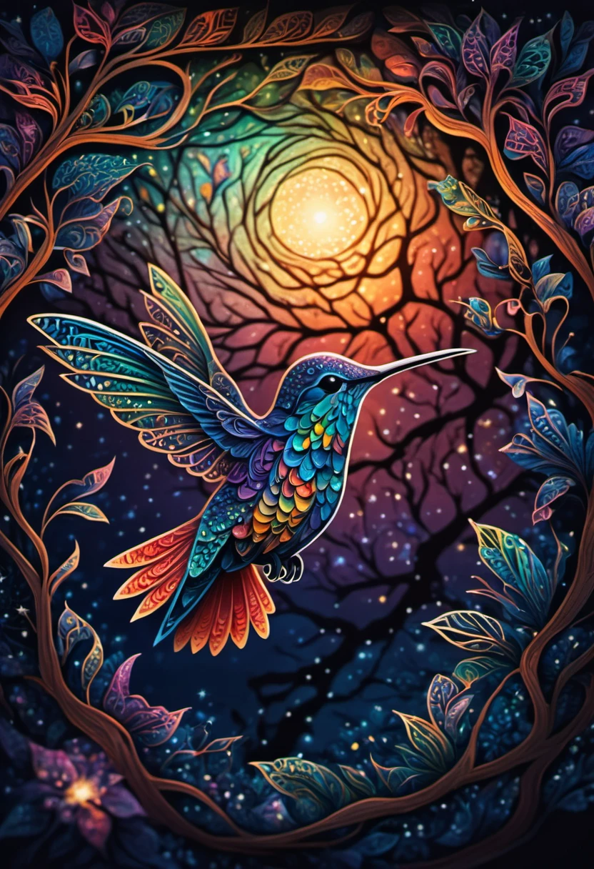 Magical, A newborn Hummingbird, abnormally fat, falls from its nest located in a tree. The chick plummeting through the air in a forest under a starry sky. The scene is depicted with intricate zentangle details, resembling origami. The artwork evokes a cinematic, emotional, and epic atmosphere. The colors showcase a vibrant and vivid palette, and the lighting creates a dramatic effect, casting shadows and illuminating the surroundings. The resulting image is of the best quality, ensuring high-resolution details and a masterpiece-worthy outcome. ,....by my self...lol