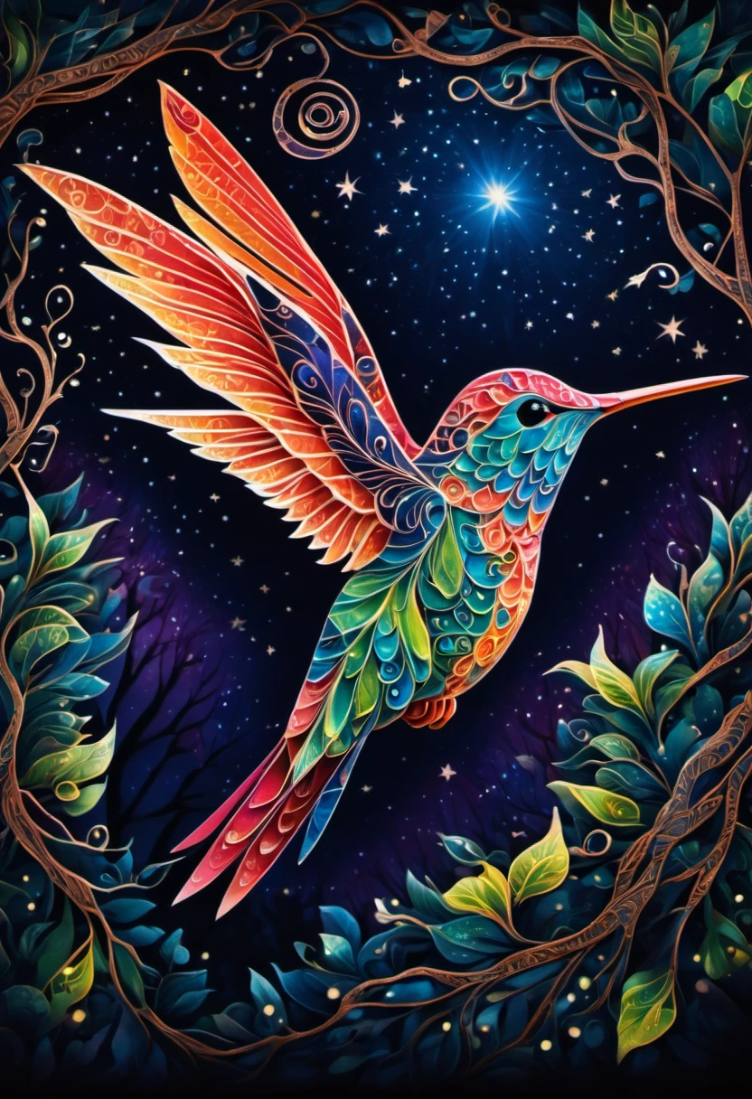 Magical, A newborn Hummingbird, abnormally fat, falls from its nest located in a tree. The chick plummeting through the air in a forest under a starry sky. The scene is depicted with intricate zentangle details, resembling origami. The artwork evokes a cinematic, emotional, and epic atmosphere. The colors showcase a vibrant and vivid palette, and the lighting creates a dramatic effect, casting shadows and illuminating the surroundings. The resulting image is of the best quality, ensuring high-resolution details and a masterpiece-worthy outcome. ,....by my self...lol