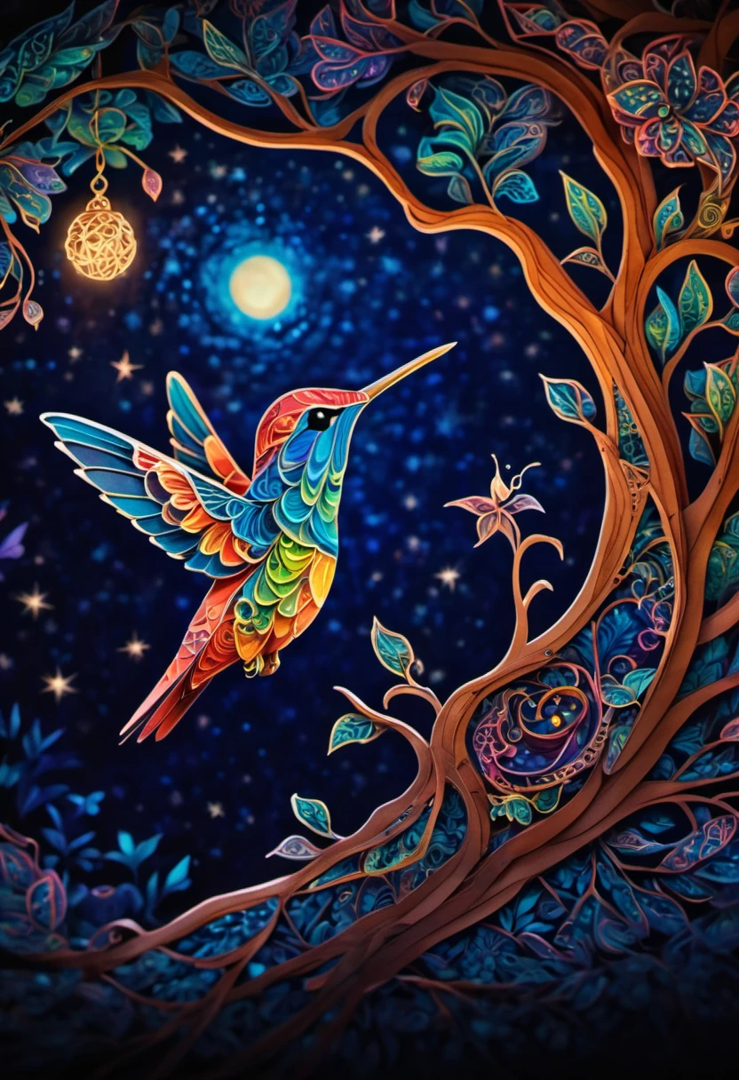 Magical, A newborn Hummingbird, abnormally fat, falls from its nest located in a tree. The chick plummeting through the air in a forest under a starry sky. The scene is depicted with intricate zentangle details, resembling origami. The artwork evokes a cinematic, emotional, and epic atmosphere. The colors showcase a vibrant and vivid palette, and the lighting creates a dramatic effect, casting shadows and illuminating the surroundings. The resulting image is of the best quality, ensuring high-resolution details and a masterpiece-worthy outcome. ,....by my self...lol