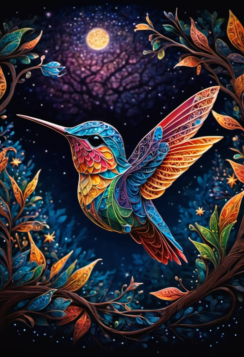 Magical, A newborn Hummingbird, abnormally fat, falls from its nest located in a tree. The chick plummeting through the air in a forest under a starry sky. The scene is depicted with intricate zentangle details, resembling origami. The artwork evokes a cinematic, emotional, and epic atmosphere. The colors showcase a vibrant and vivid palette, and the lighting creates a dramatic effect, casting shadows and illuminating the surroundings. The resulting image is of the best quality, ensuring high-resolution details and a masterpiece-worthy outcome. ,....by my self...lol