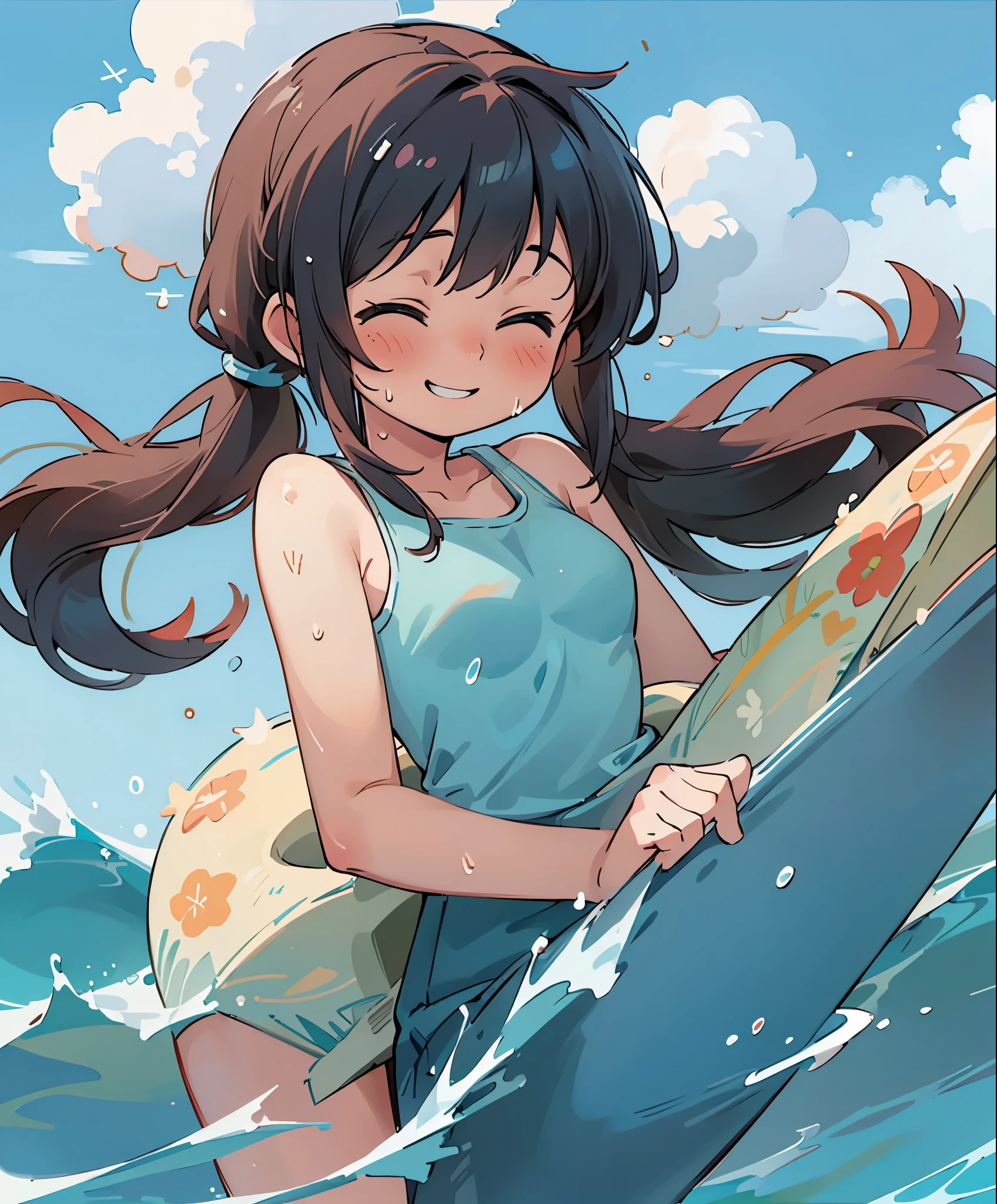 (masterpiece、highest quality、highest quality、official art、beautiful beautiful:1.2)、(1 girl:1.3)Hatsune Miku、twin tails,big breasts,masterpiece、look up from below、surfing、Let&#39;s ride the waves on a surfboard、nice balance、boyish girl、Redhead and wheat-colored skin、water着のラインに日焼け跡があります、Tank top、Look down with a smile、vast blue sky、landscape of youth、bursting sweat、into the cloud、1 page of summer、A smile with gritted teeth、close your eyes and smile、wet hair、water、