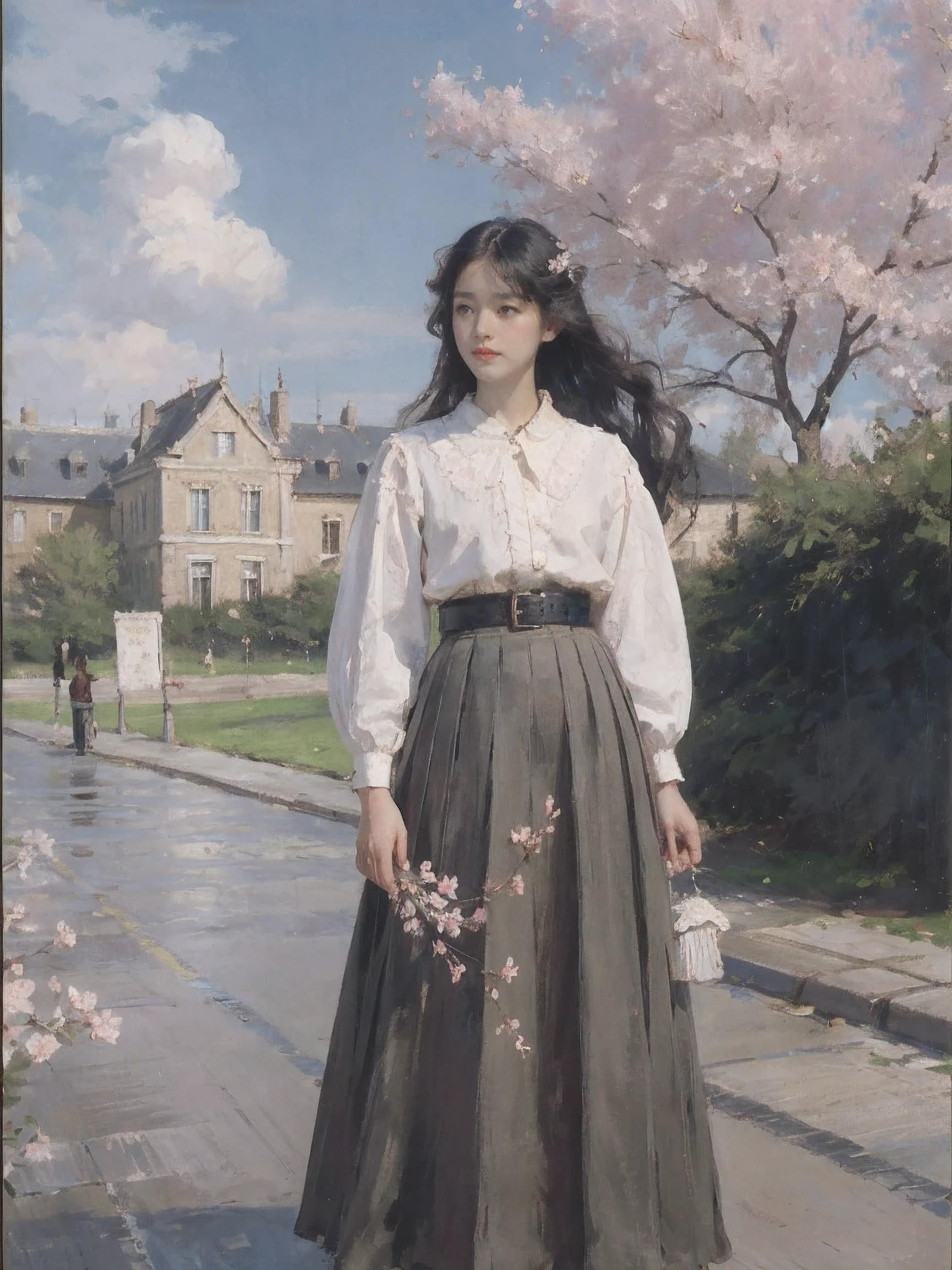 masterpiece, best quality,
1 girl, black skirt, branch, building, chain-link fence, Cherry blossoms, fence, long hair, Outdoor activities, petal, pleated skirt, rain, shirt, short sleeves, skirt, alone, Permanently installed, tree,
Sky,street