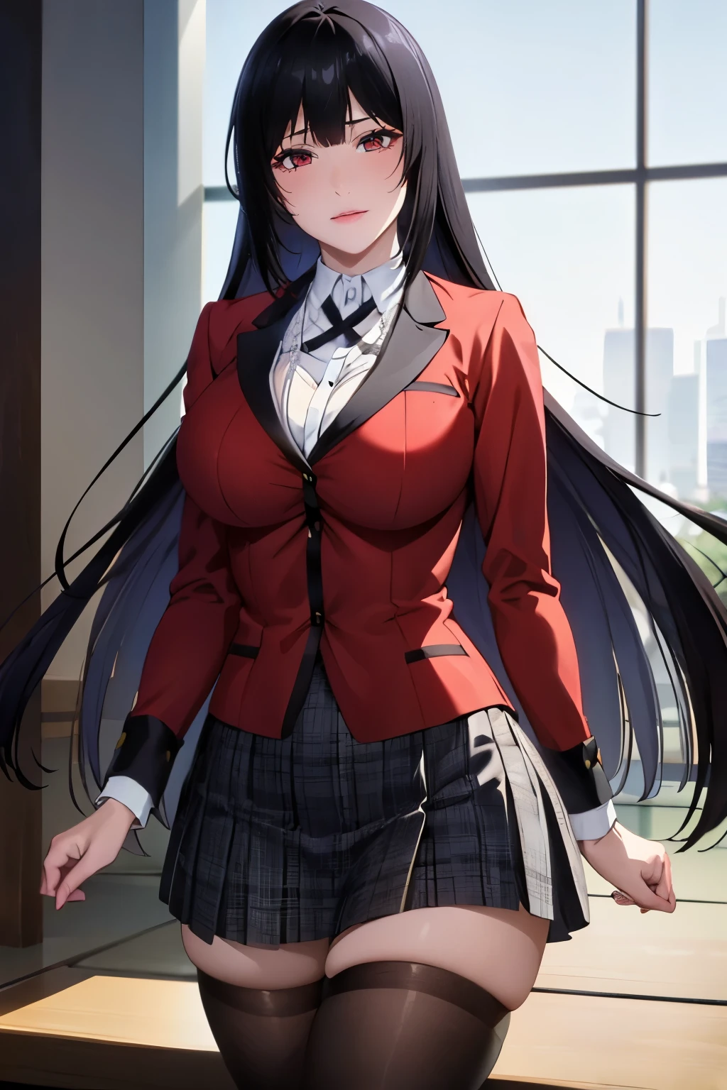 High resolution、masterpiece、1 girl, Jabami Yumeko,hmjy1 long black hair,red eyes,blush,sexy body,((uniform, red jacket)), Red blazer with black trim on cuffs and collar lining, White button-up dress shirt and black tie, Black and gray plaid miniskirt, black tights, そして茶colorのローファー. , cowboy shot,beautiful体,perfect eyes, perfect face,表情豊かな目のmasterpiece:1.0),(Highest_quality:1.0), かわいい笑face, , beautiful and bright lighting, ,Slender beauty:1.4, slim abs, 引き締まったwaist, (笑face:1.2), slender and long beautiful legs,,超High resolution,4k,super detailed, photograph, 8k, HDR, High resolution, film grain, Lens flare, (lively_color:1.2), (beautiful_face:1.5),(narrow_waist), exquisite visuals, Highest quality,18-year-old、expensive,邪悪な笑face