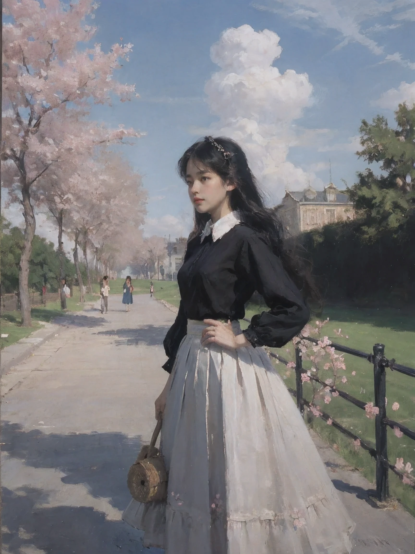 masterpiece, best quality,
1 girl, black skirt, branch, building, chain-link fence, Cherry blossoms, fence, long hair, Outdoor activities, petal, pleated skirt, rain, shirt, short sleeves, skirt, alone, Permanently installed, tree,
Sky,street