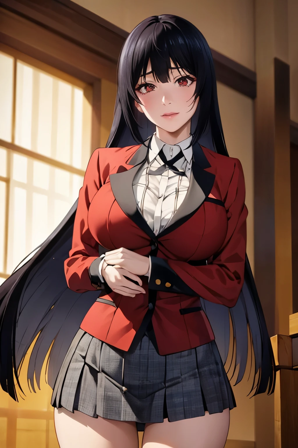 High resolution、masterpiece、1 girl, Jabami Yumeko,hmjy1 long black hair,red eyes,blush,sexy body,((uniform, red jacket)), Red blazer with black trim on cuffs and collar lining, White button-up dress shirt and black tie, Black and gray plaid miniskirt, black tights, そして茶colorのローファー. , cowboy shot,beautiful体,perfect eyes, perfect face,表情豊かな目のmasterpiece:1.0),(Highest_quality:1.0), かわいい笑face, , beautiful and bright lighting, ,Slender beauty:1.4, slim abs, 引き締まったwaist, (笑face:1.2), slender and long beautiful legs,,超High resolution,4k,super detailed, photograph, 8k, HDR, High resolution, film grain, Lens flare, (lively_color:1.2), (beautiful_face:1.5),(narrow_waist), exquisite visuals, Highest quality,18-year-old、expensive,邪悪な笑face