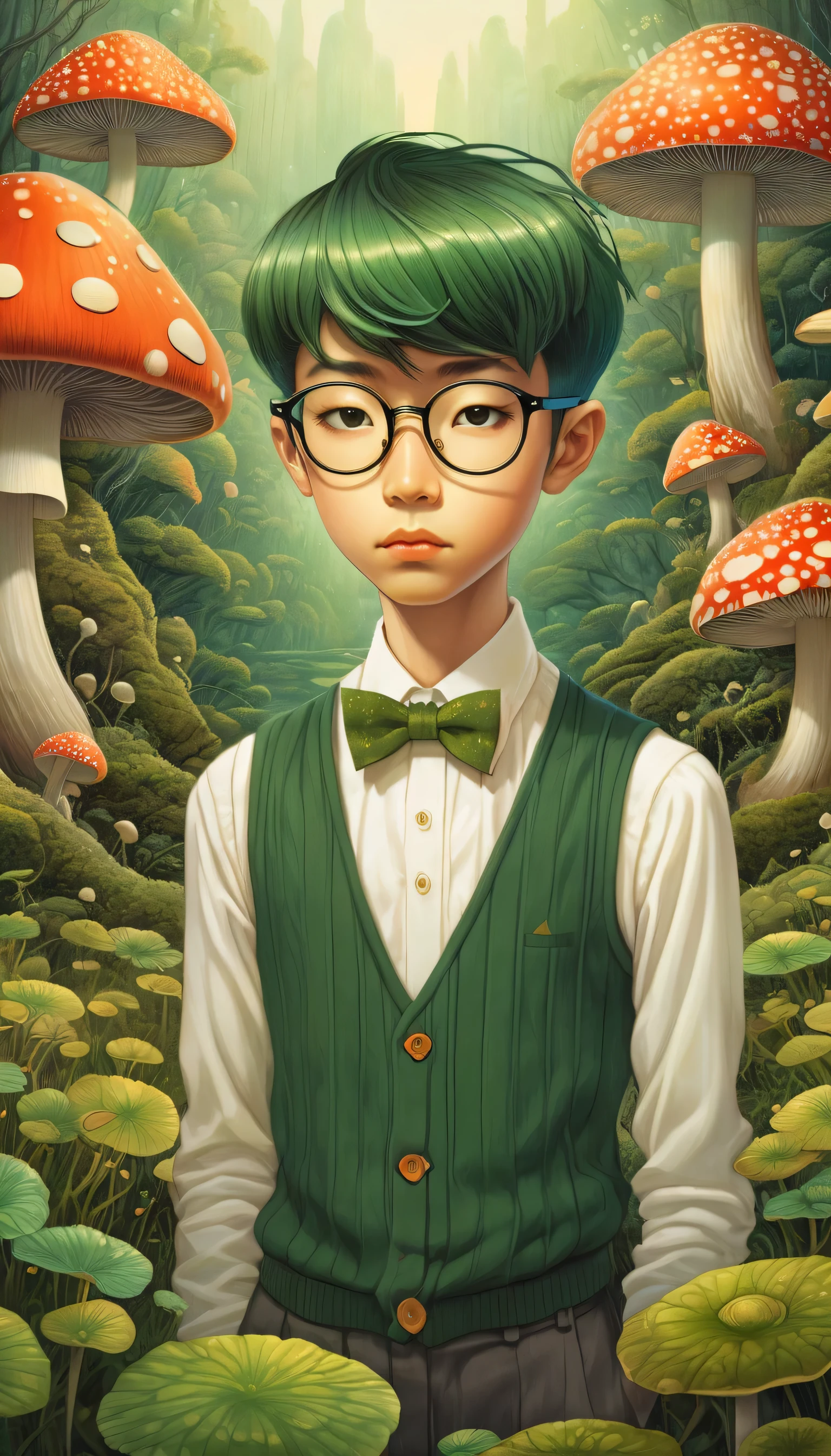 Magic mysterious fantastic landscape surreal mushroom hair boy ,dark green sleeveless sweater、white shirt、A bow tie、wears strong glasses、 Super detailed, James R.. ，draw beautiful digital illustrations， Written by Audrey Kawasaki, Written by Amy Sole, author：Naoto Hattori，Yayoi Kusama, ghibli studio，No Borders、detailed description、surrealism、masterpiece