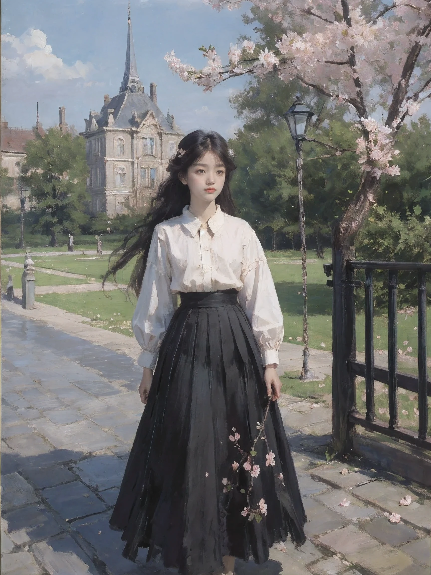 masterpiece, best quality,
1 girl, black skirt, branch, building, chain-link fence, Cherry blossoms, fence, long hair, Outdoor activities, petal, pleated skirt, rain, shirt, short sleeves, skirt, alone, Permanently installed, tree,
Sky,street