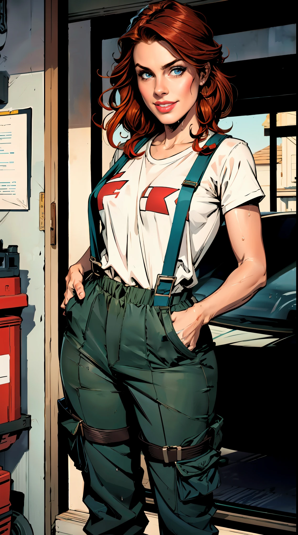 (detailed), beautiful woman, dark red hair, pale skin, wearing loose [black:dark blue:0.5] baggy racing cargo pants full [jumpsuit|overalls], (baggy loose untucked tshirt), branded yokohama logo clothes, racing neck brace, oily sweaty grimy skin, threadbare scuffed clothes, smirk, lips parted, detailed wet hair, (racing harness), dirty, car mechanic, garage, ((high detailed skin, skin details)), detailed cloth folds, detailed cluttered busy small run down garage background, indoors, hand in pocket, 8k uhd, dslr, high quality, film grain, (intricate linework:1) outlines, professional comic book style flat colors