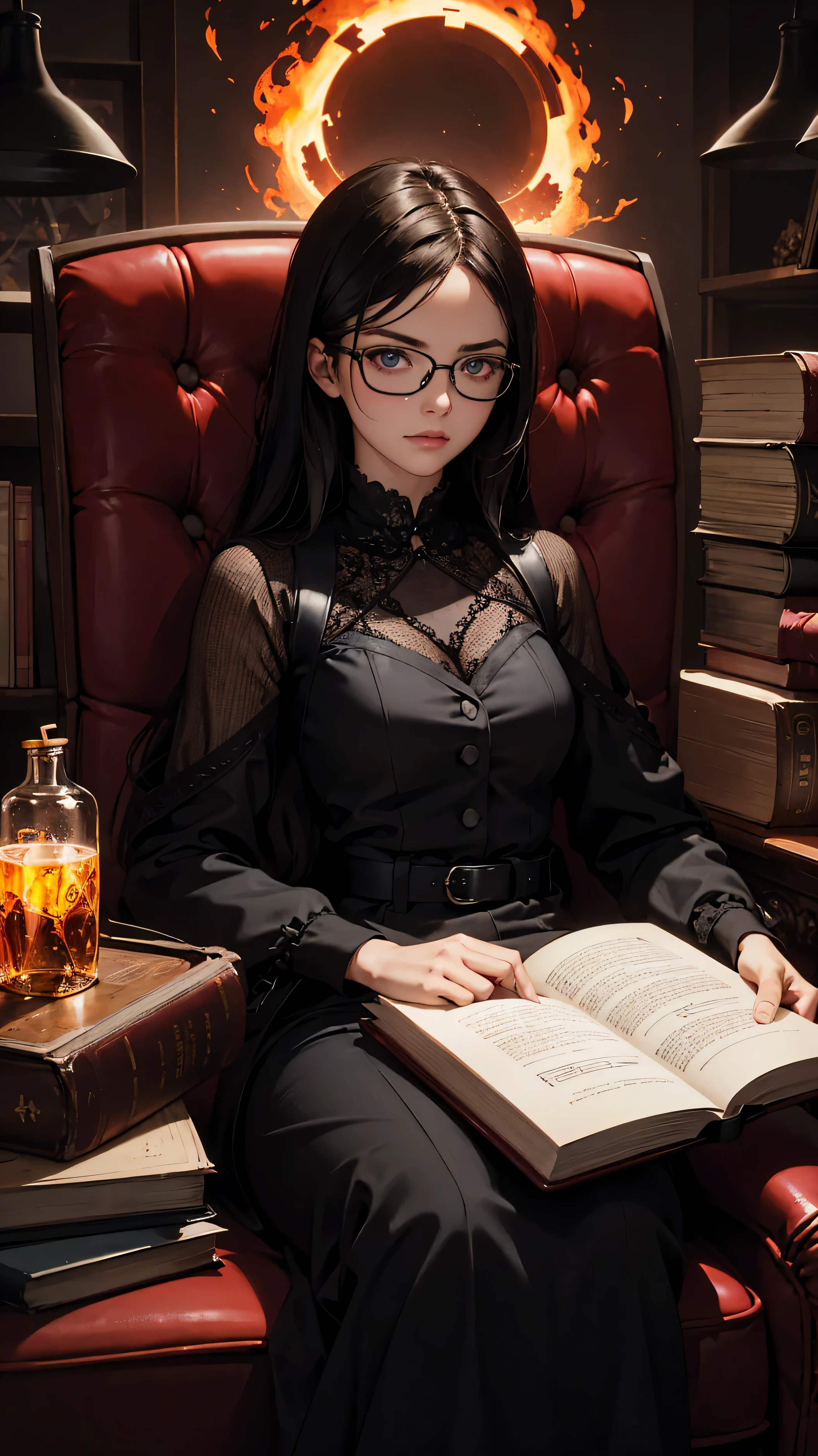 woman, sitting on a book, mathematical formulas, one pair of glasses, holding a fire rule, HD lighting and dark )<=(epic image quality)dark atmosphere with bright particle light(many effects in background, Background formula. 