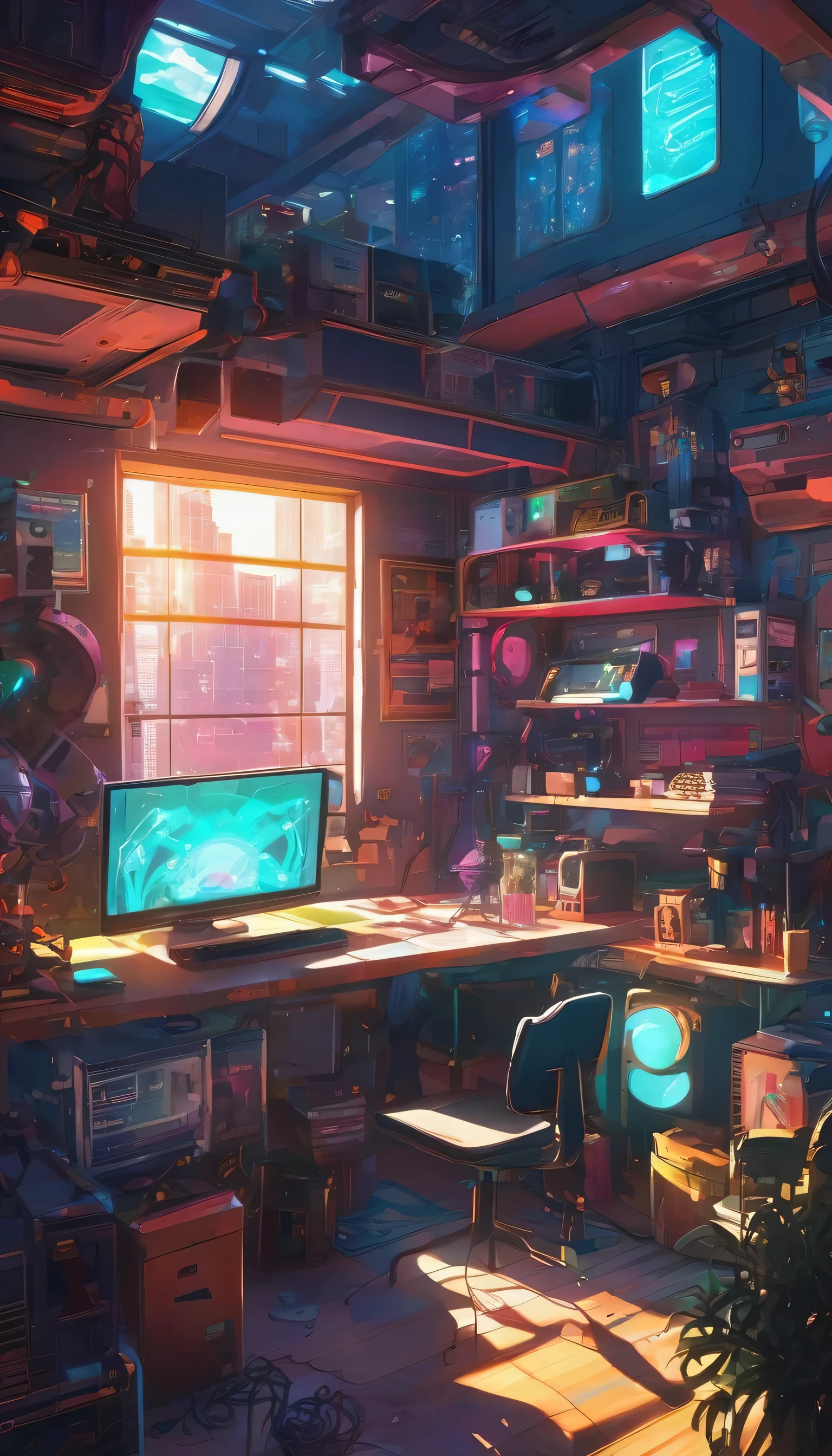 Cyberpunk style cluttered room. More neon. Many machines of unknown use. Large windows with a sense of openness. It is sunny outside.　Sitting on a chair is Hatsune Miku.