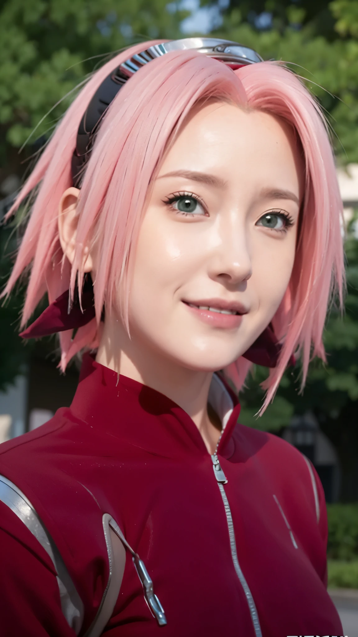 1female, haruno sakura in anime naruto shippuden, short hair , pink hair, green eyes, smile, beautiful, red clothes, realistic clothes, detail clothes, city background, ultra detail, realistic