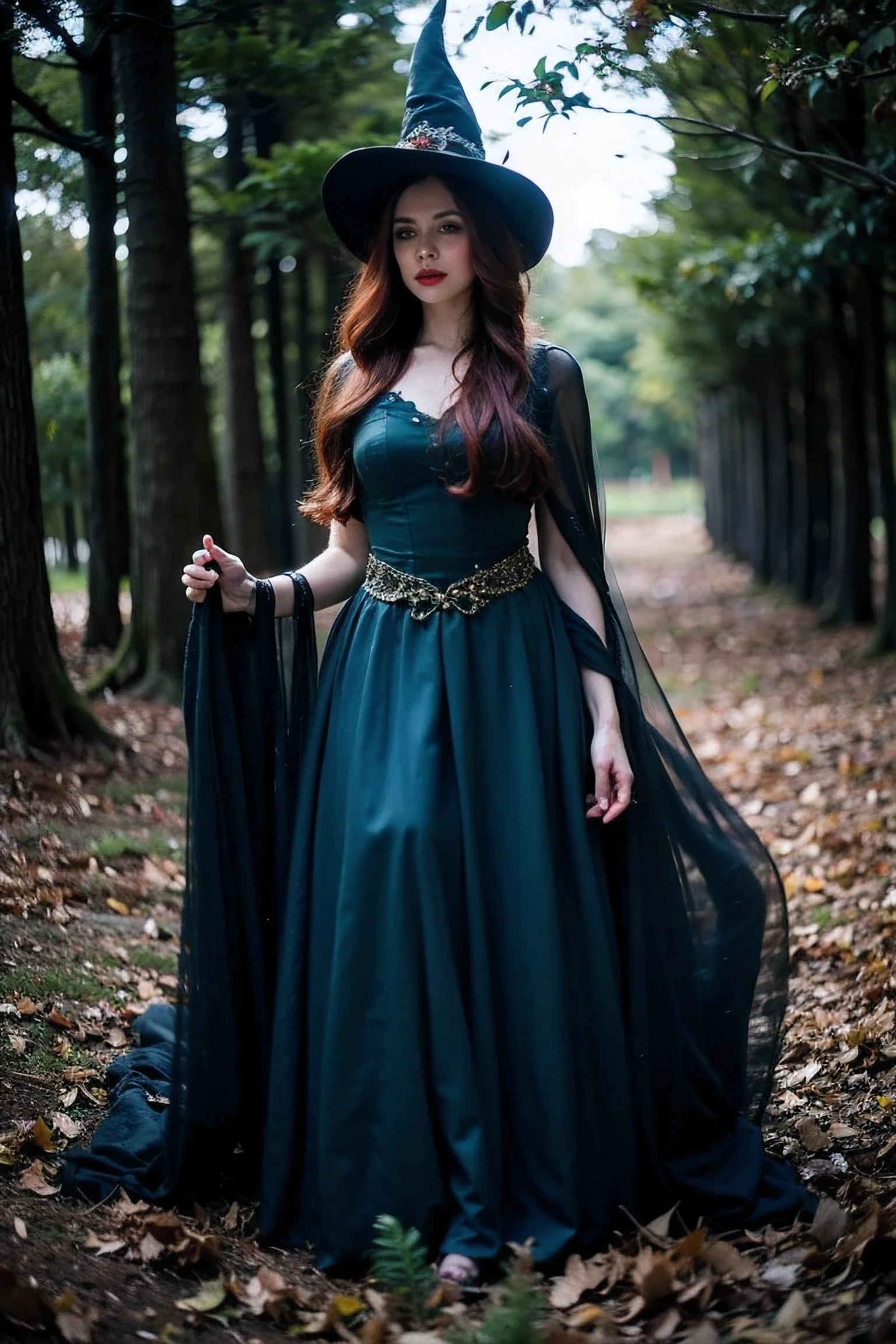 realistic, Beautiful witch with red hair ,Fantasy set, forest