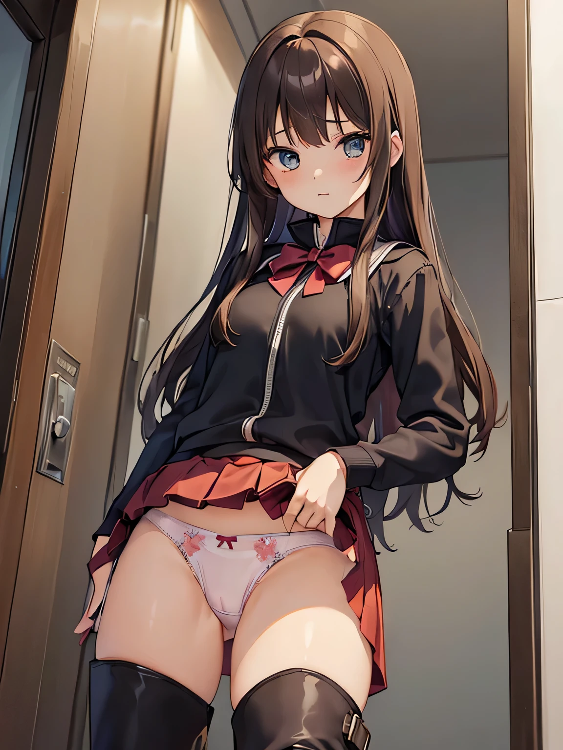 (masterpiece、highest quality、High resolution、realistic pictures、real looking skin:1.1)、
(I'm wearing a turtle knit、wearing a floral miniskirt:1.1)、
1 Japanese girl、alone、beautiful eyes、shining eyes、provocative look、brown hair、medium long hair、university student、The location is the front door of the house、
(pick one up'my own skirt:1.5)、
(panties are slightly exposed:1.5)、
(long boots below the knee:1.5)、
(Are standing:1.5)、
(Simple cotton pants:1.5)、
NSFW
