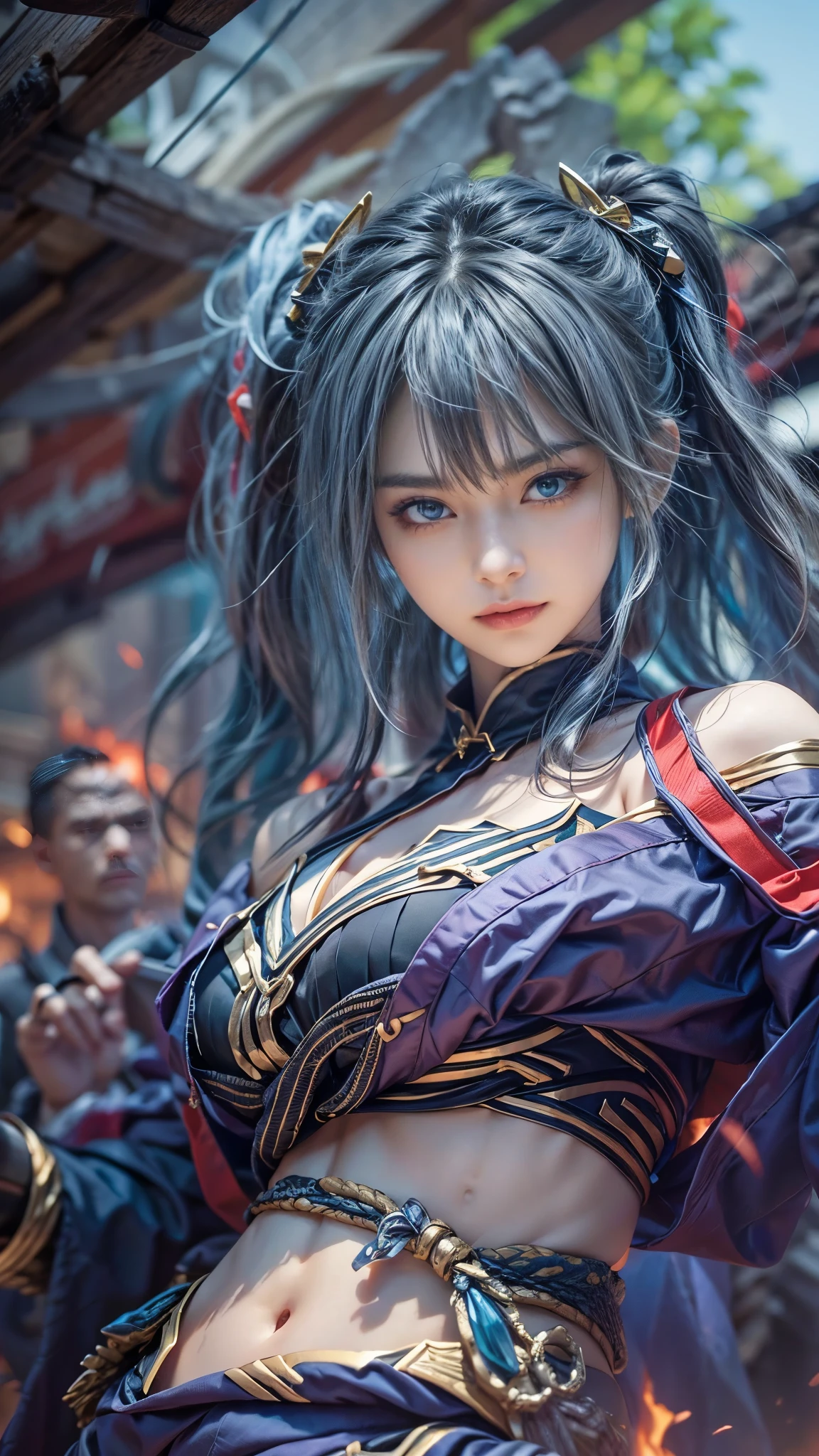 (RAW shooting, Photoreal:1.5, 8k, highest quality, masterpiece, ultra high resolution), perfect dynamic composition:1.2, midnight, Fight:1.2, Sengoku, fire事, いたるところで燃え上がる戦fire:1.3, Highly detailed skin and facial textures:1.2, Slim female ninja with a sharp dagger:1.3, beautiful and aesthetic:1.2, sexy beauty, perfect style, nice, wear elaborate rings, fire, water, Wind, thunder, ice, Fair skin, very beautiful face, (Medium chest, Chest gap), (embarrassing smile, The expression on your face when you feel intense caress, Facial expression when feeling pleasure), (wearing a sexy ninja costume:1.2, off shoulder:1.1), (beautiful blue eyes, Eyes that feel beautiful eros:0.8), (Too erotic:0.9, Bewitching:0.9), full body shot