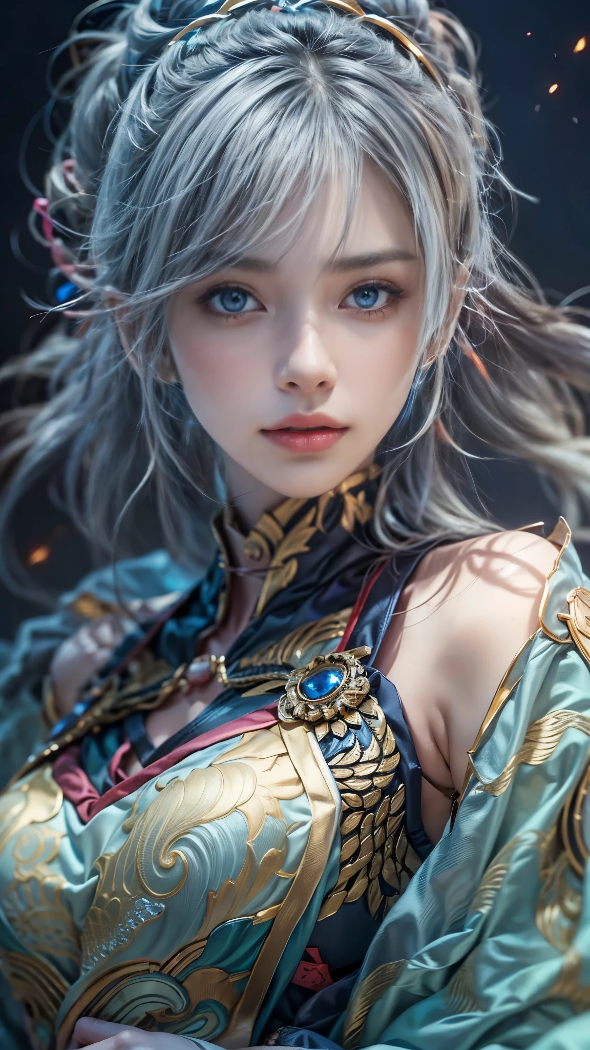 (RAW shooting, Photoreal:1.5, 8k, highest quality, masterpiece, ultra high resolution), perfect dynamic composition:1.2, midnight, Fight:1.2, Sengoku, fire事, いたるところで燃え上がる戦fire:1.3, Highly detailed skin and facial textures:1.2, Slim female ninja with a sharp dagger:1.3, beautiful and aesthetic:1.2, sexy beauty, perfect style, nice, wear elaborate rings, fire, water, Wind, thunder, ice, Fair skin, very beautiful face, (Medium chest, Chest gap), (embarrassing smile, The expression on your face when you feel intense caress, Facial expression when feeling pleasure), (wearing a sexy ninja costume:1.2, off shoulder:1.1), (beautiful blue eyes, Eyes that feel beautiful eros:0.8), (Too erotic:0.9, Bewitching:0.9), full body shot