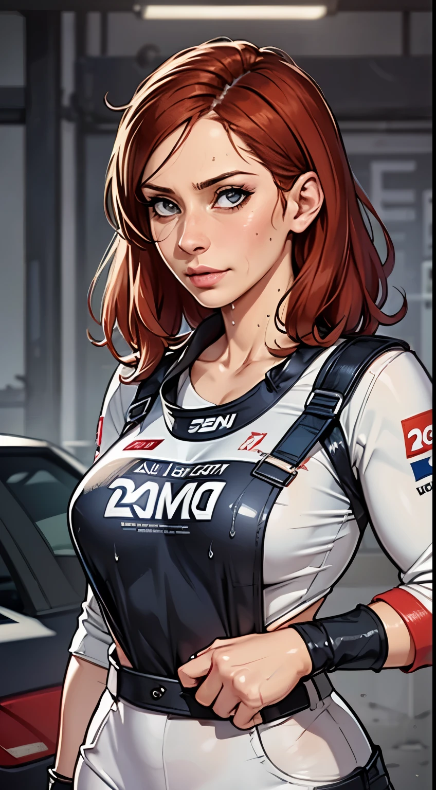 (detailed), beautiful woman, dark red hair, pale skin, wearing loose [black:dark blue:0.5] baggy racing cargo pants full [jumpsuit|overalls], (baggy loose untucked tshirt), branded yokohama logo clothes, racing neck brace, oily sweaty grimy skin, threadbare scuffed clothes, smirk, lips parted, detailed wet hair, (racing harness), dirty, car mechanic, garage, ((high detailed skin, skin details)), detailed cloth folds, detailed cluttered busy small run down garage background, indoors, hand in pocket, 8k uhd, dslr, high quality, film grain, (intricate linework:1) outlines, professional comic book style flat colors, big 