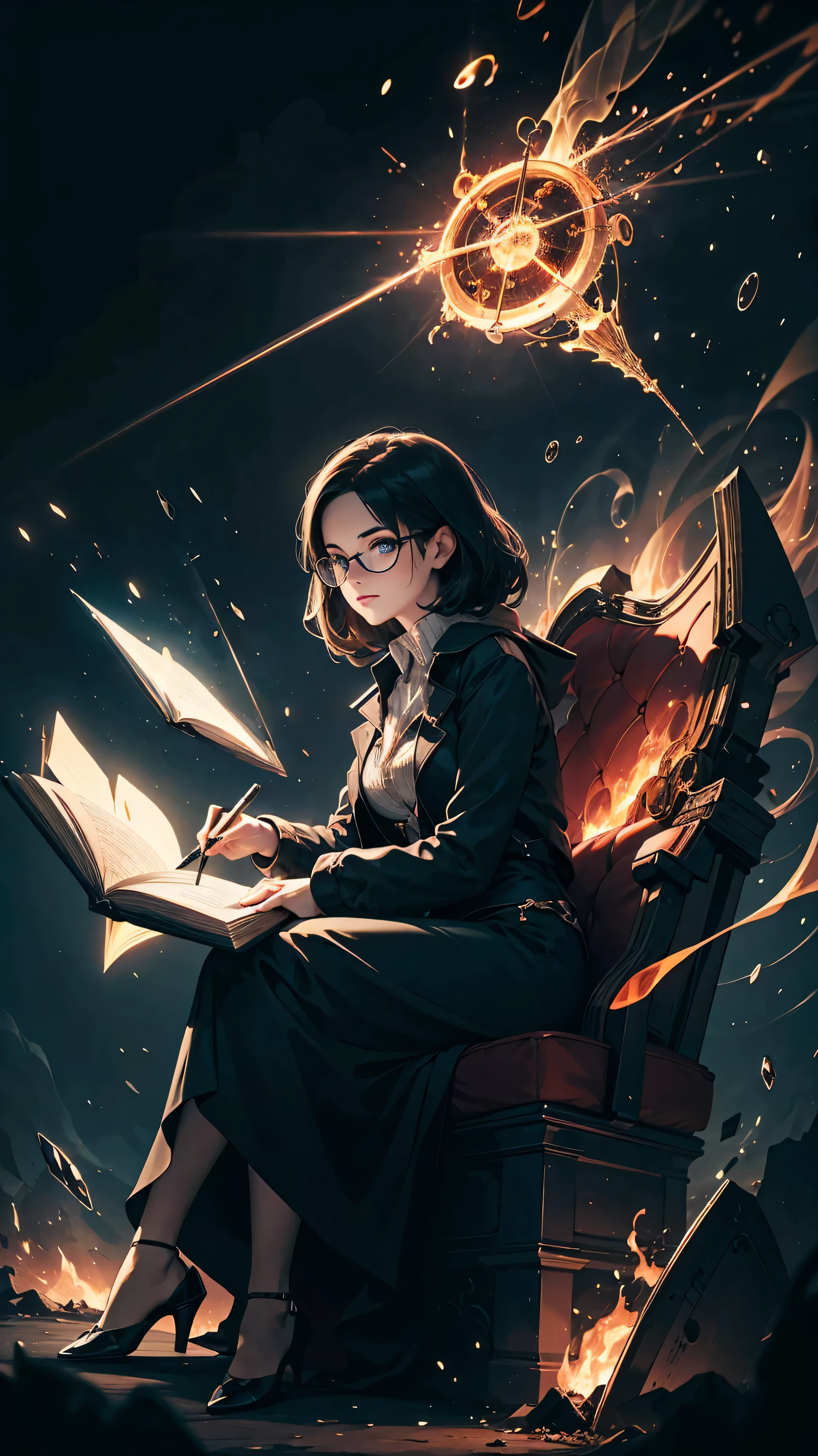 woman, sitting on a book, mathematical formulas, one pair of glasses, holding a fire rule, HD lighting and dark )<=(epic image quality)dark atmosphere with bright particle light(many effects in background, Background formula.