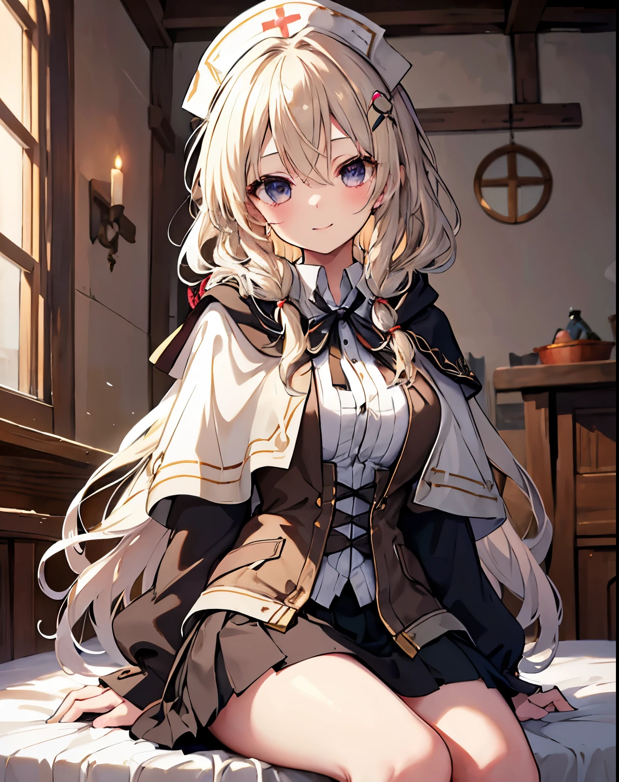 masterpiece,1girl, sparrow, a blonde haired girl, wearing a medieval villager clothes, curly long hair, messy hair, black skirt, slim body, wearing hair ribbon, wearing brown capelet with hoody, big breasts, she close her left eye, shirt ornament, ****ppai, seductive expression, beautiful breasts, rounded breasts, crimson eyes, dress, miniskirt, sit in medieval bed, ahoge, seductive smile, breast armor, braid hair, invite to sit together, nurse cap, brown vest