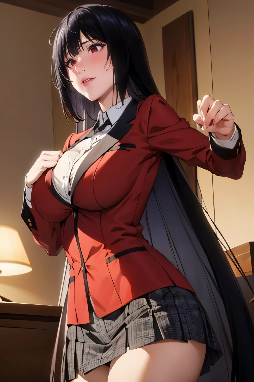 High resolution、masterpiece、1 girl, Jabami Yumeko,hmjy1 long black hair,red eyes,blush,sexy body,((uniform, red jacket)), Red blazer with black trim on cuffs and collar lining, White button-up dress shirt and black tie, Black and gray plaid miniskirt, black tights, そして茶colorのローファー. , cowboy shot,beautiful体,perfect eyes, perfect face,表情豊かな目のmasterpiece:1.0),(Highest_quality:1.0), かわいい笑face, , beautiful and bright lighting, ,Slender beauty:1.4, slim abs, 引き締まったwaist, (笑face:1.2), slender and long beautiful legs,,超High resolution,4k,super detailed, photograph, 8k, HDR, High resolution, film grain, Lens flare, (lively_color:1.2), (beautiful_face:1.5),(narrow_waist), exquisite visuals, Highest quality,18-year-old、expensive,邪悪な笑face