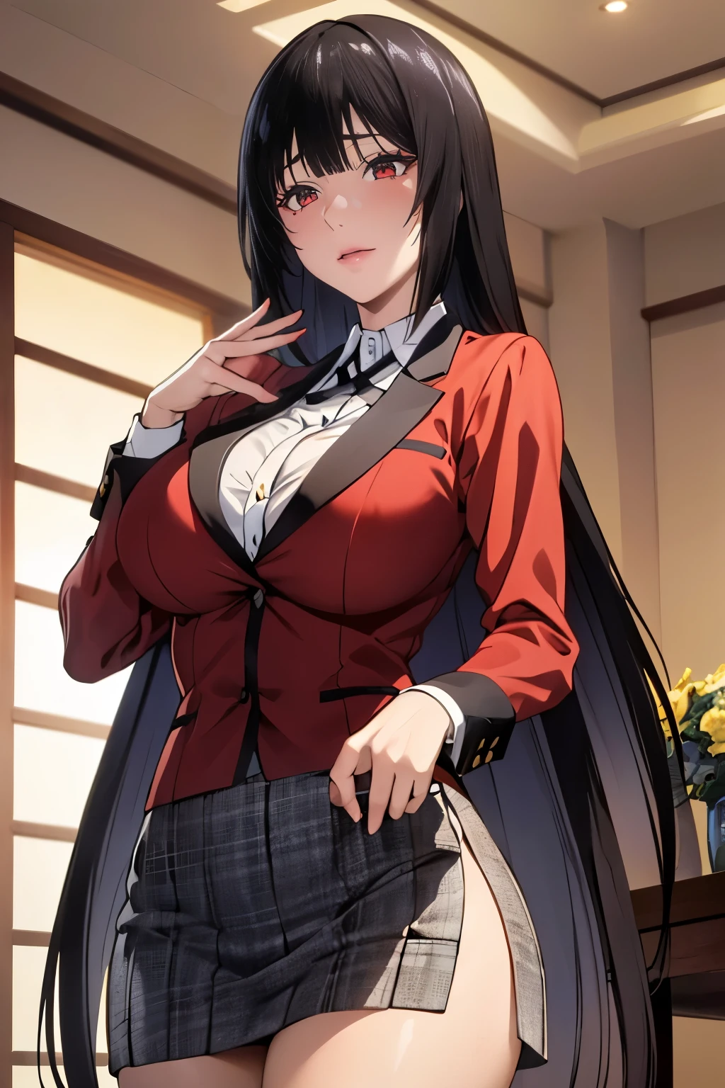 High resolution、masterpiece、1 girl, Jabami Yumeko,hmjy1 long black hair,red eyes,blush,sexy body,((uniform, red jacket)), Red blazer with black trim on cuffs and collar lining, White button-up dress shirt and black tie, Black and gray plaid miniskirt, black tights, そして茶colorのローファー. , cowboy shot,beautiful体,perfect eyes, perfect face,表情豊かな目のmasterpiece:1.0),(Highest_quality:1.0), かわいい笑face, , beautiful and bright lighting, ,Slender beauty:1.4, slim abs, 引き締まったwaist, (笑face:1.2), slender and long beautiful legs,,超High resolution,4k,super detailed, photograph, 8k, HDR, High resolution, film grain, Lens flare, (lively_color:1.2), (beautiful_face:1.5),(narrow_waist), exquisite visuals, Highest quality,18-year-old、expensive,邪悪な笑face