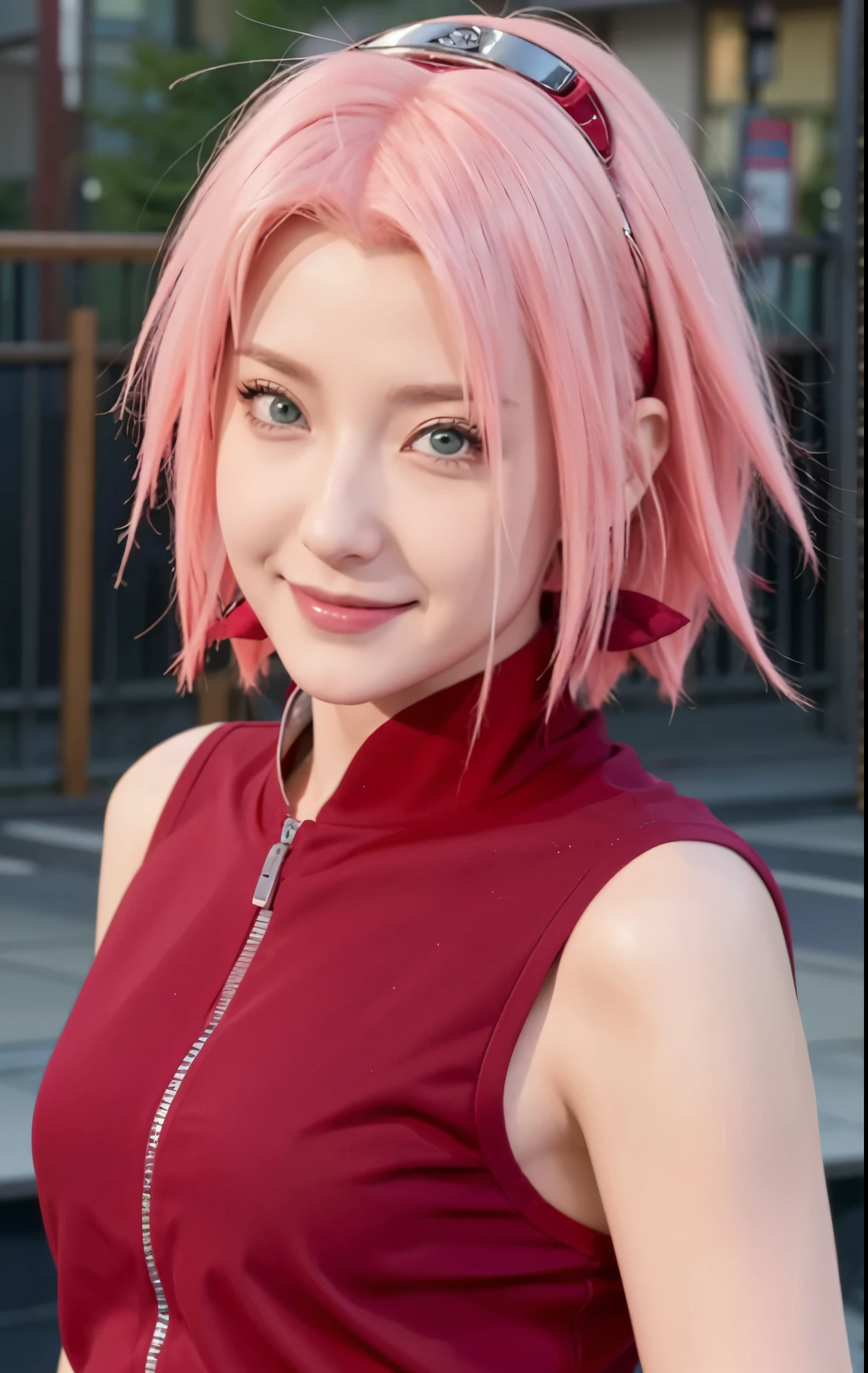 1female, haruno sakura in anime naruto shippuden, short hair , pink hair, green eyes, smile, beautiful, red clothes, realistic clothes, detail clothes, city background, ultra detail, realistic