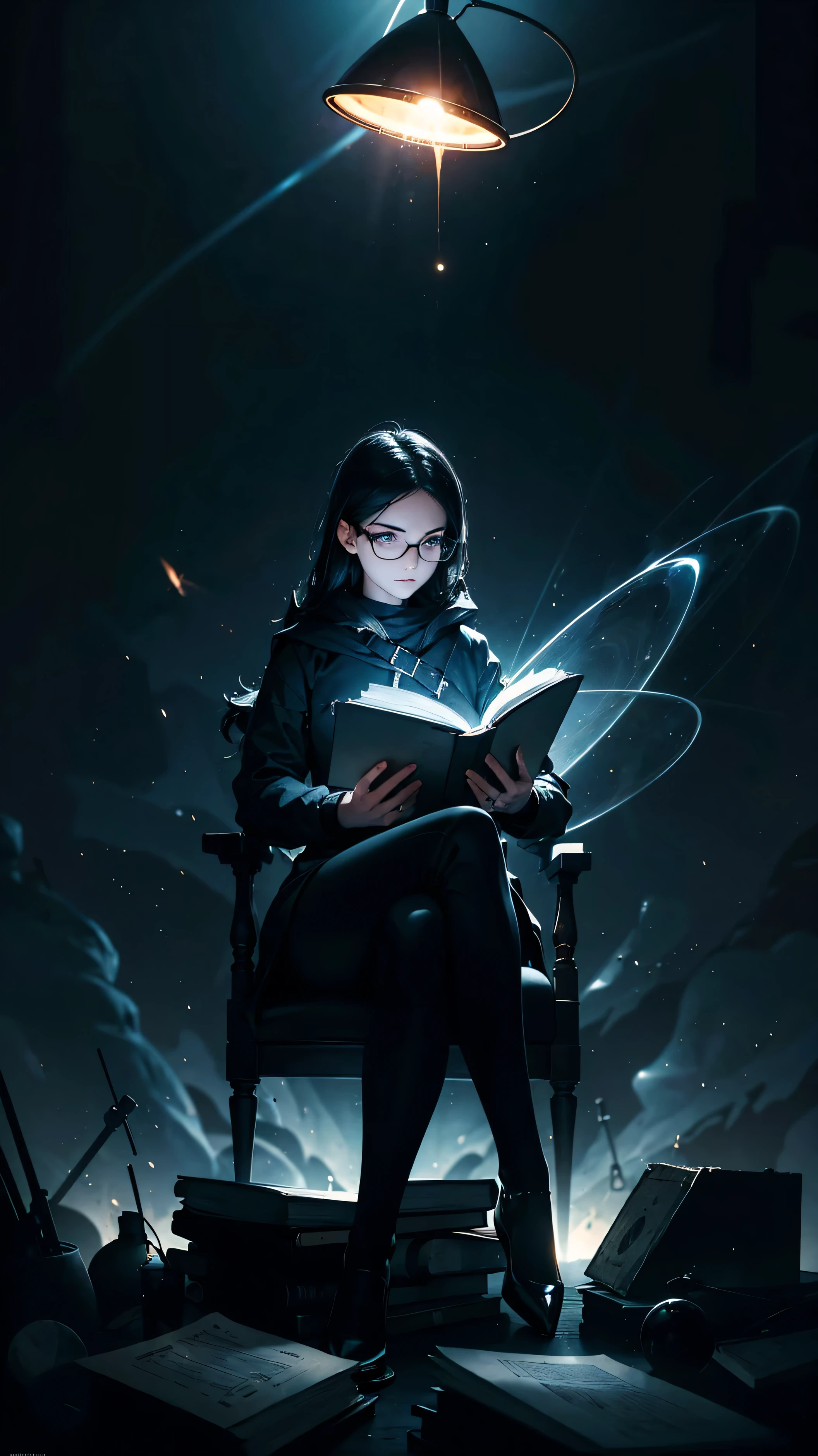 woman, sitting on a book, mathematical formulas, one pair of glasses, holding a fire rule, HD lighting and dark )<=(epic image quality)dark atmosphere with bright particle light(many effects in background, Background formula.void,black hole