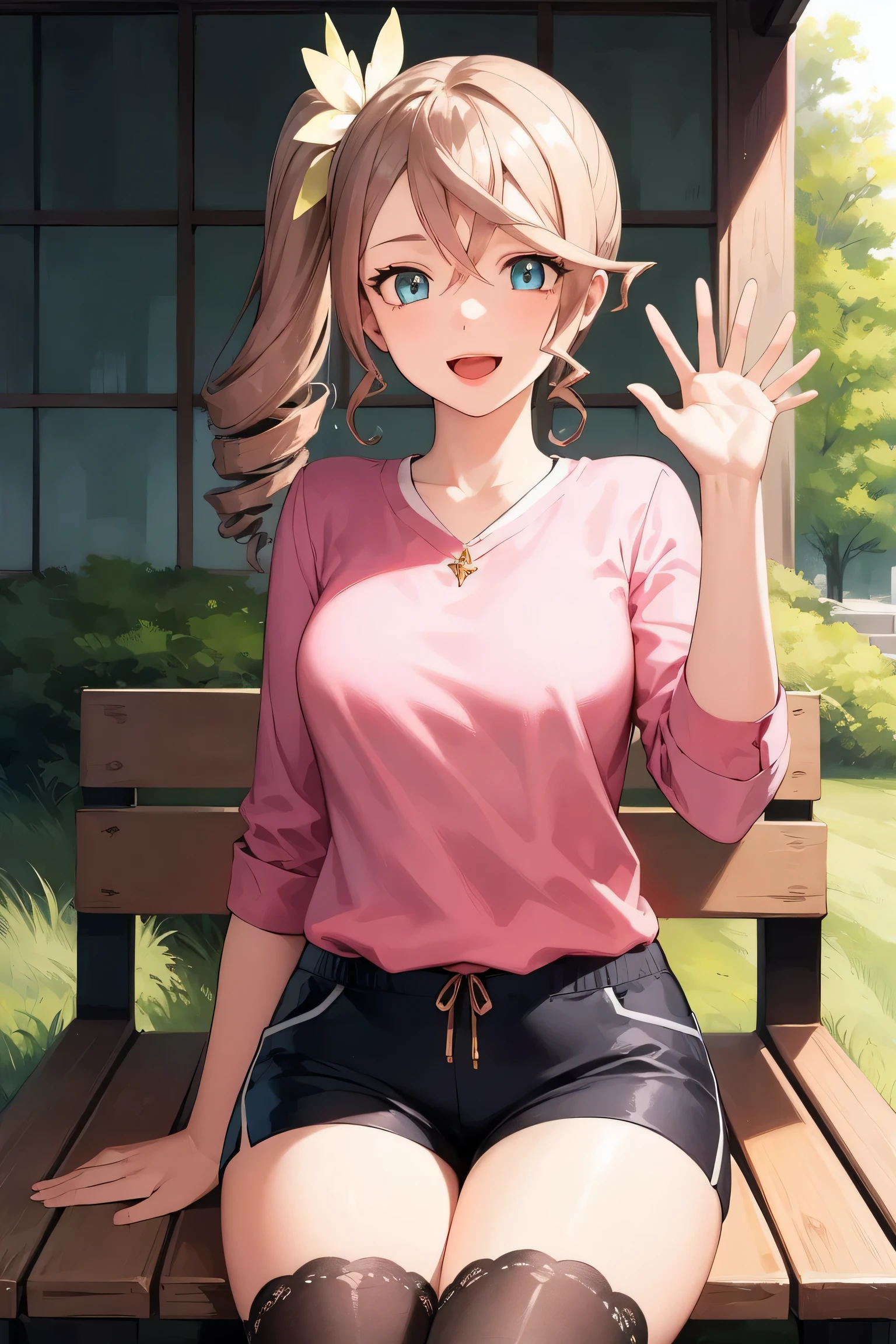 alishadef,side ponytail, drill hair, smile,
BREAK (pink shirt, shorts, thighhighs:1.2),
BREAK   sitting, outdoors, bench, smile, open mouth, waving, looking at viewer,
BREAK (masterpiece:1.2), best quality, high resolution, unity 8k wallpaper, (illustration:0.8), (beautiful detailed eyes:1.6), extremely detailed face, perfect lighting, extremely detailed CG, (perfect hands, perfect anatomy),perfect face,