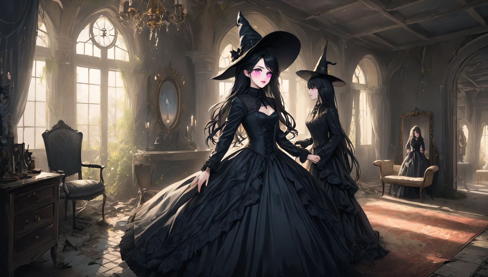 best quality,ultra-detailed,realistic,photorealistic,blue-eyed,long-haired girl looks happy,beautiful detailed eyes,beautiful detailed lips,long eyelashes,best quality painting,detailed,physically-based rendering,ultra-fine painting,fine details,painting,a teenage boy has been magically transformed into a cute witch girl,gender bending,witches are helping dressing up the new girl,girl happily getting dressed in a stunning black victorian dress, physically-based rendering,gorgeous dress design,flowing gown,elaborate lace details,rich textures,contrast stitching,delicate ribbon bows,floral accents,full skirt,high neckline,long sleeves,fitted waistline,flared cuffs,lace-up back,luxurious fabrics,flawless silhouette,high heels, pink-eyed girl,effeminate face,pointy hat,high heels,corset,long black hair,witches assisting in dressing up the new girl,promptly helps the new girl getting dressed in a stunning black Victorian dress, inside an abandoned castle with worned out furniture and occult symbol, high resolution, 4K, 8K