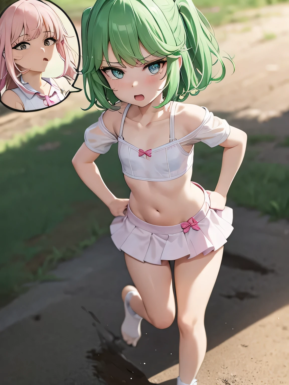 highest quality、ultra high resolution、Professional specifications、green hair,green eyes、embarrassing、(collar),(lead)、((elementary school girl))、((flat chest))、medium hair、((The outline shines))、((stand with hands on hips:1.5))、((From under her feet:1.8))、small ass、((white panties))、school classroom、((10 years old))、****con、(((spread your legs wide open)))、turned up skirt、panties close up、pink and white dress、Children&#39;s wear、red ribbon、(((Transparent)))、cat emphasis、open your mouth、彼女はパンティを見られるのがembarrassing、The man put hiface inside her skirt and kissed her pussy.、Although she was very shy, she shook her hips and was happy..、when his mouth sucked on my clit、she felt so good、I leaked pee.、She accepted the pleasure and rubbed her crotch against the man.&#39;face.