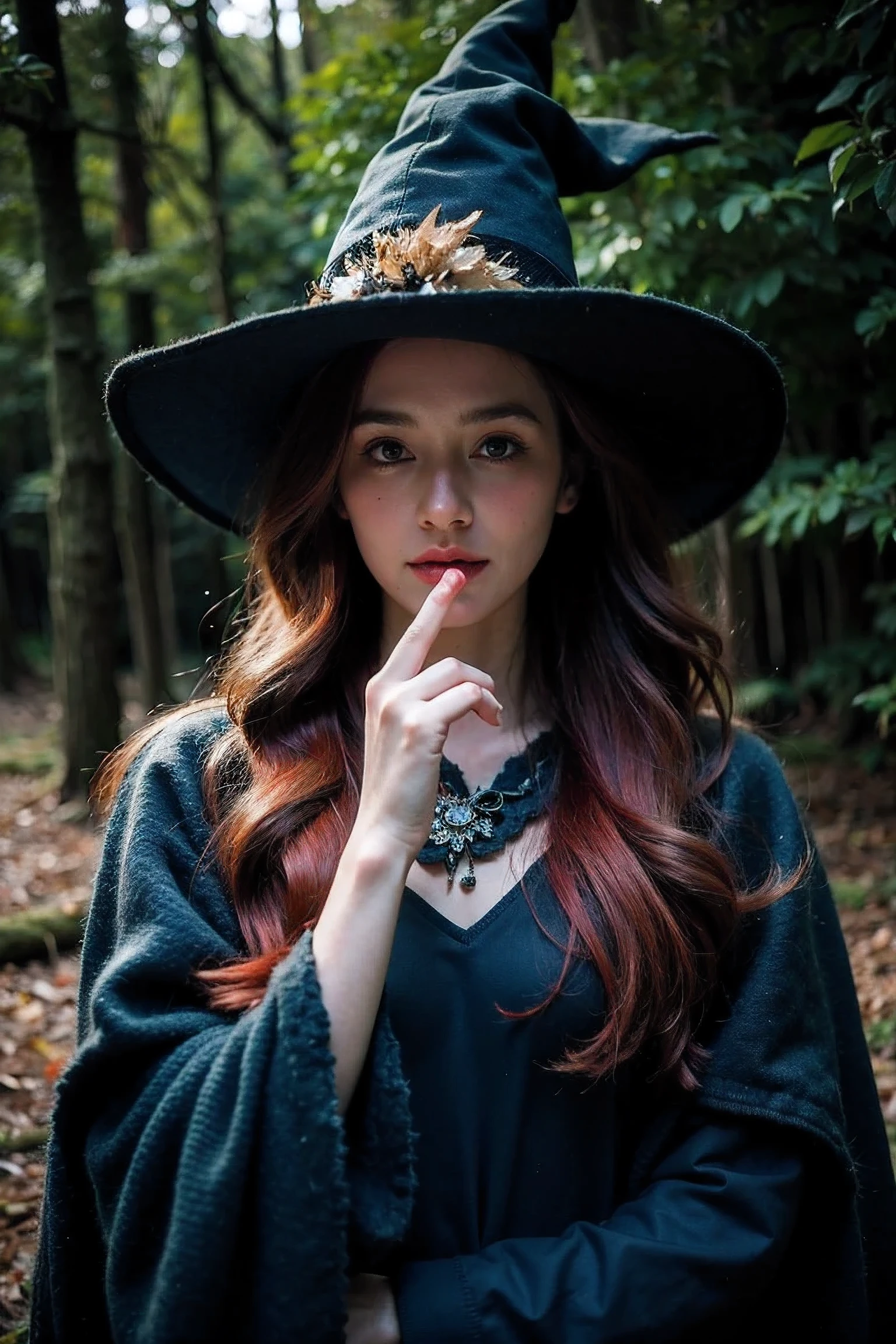 photorealistic, Beautiful witch with red hair ,Fantasy set, forest