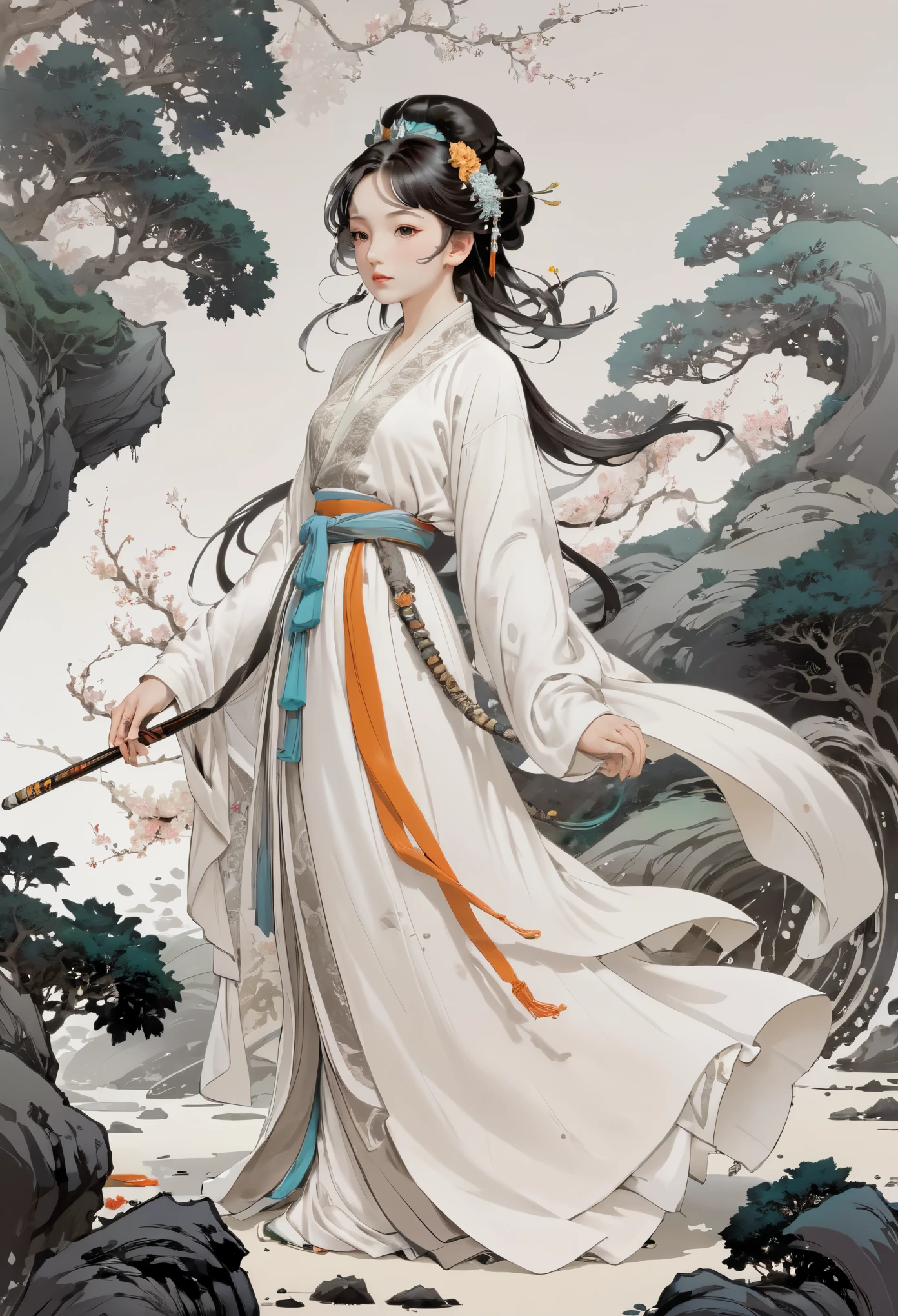 (1girl:1.4),solo, gorgeous， extreme detailed,(joshua middleton comic cover art:1.1), (Action 
painting:1.2),(concretism:1.2),(hypermaximalistic:1.5),colorful,highest detailed,white grey background, white hanfu, muted color， (masterpiece, top 
quality, best quality, official art, beautiful and aesthetic:1.2),